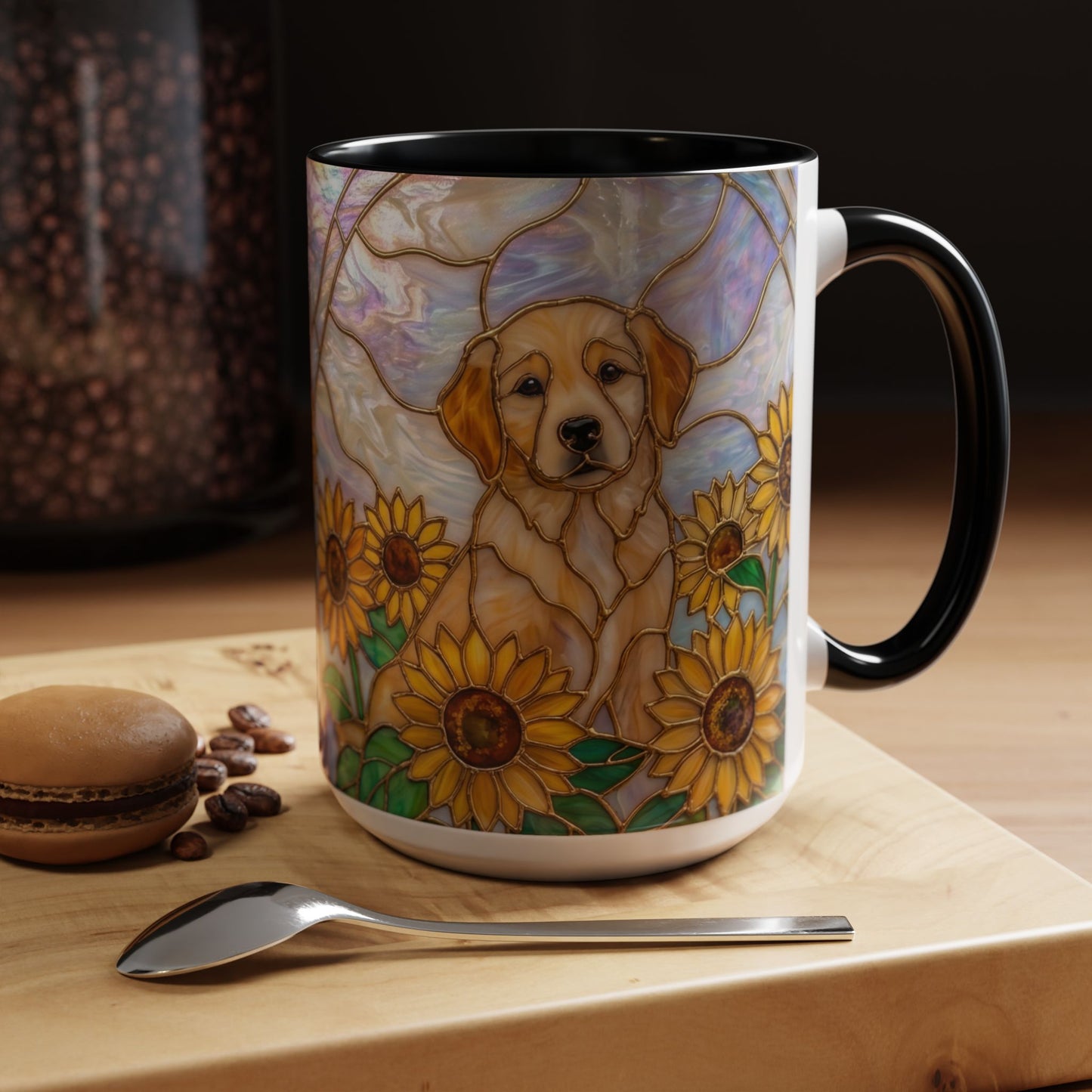 Sunflower Golden Retriever P uppiesAccent Coffee Mug –  Stained Glass Design (11/15 oz) - 14527