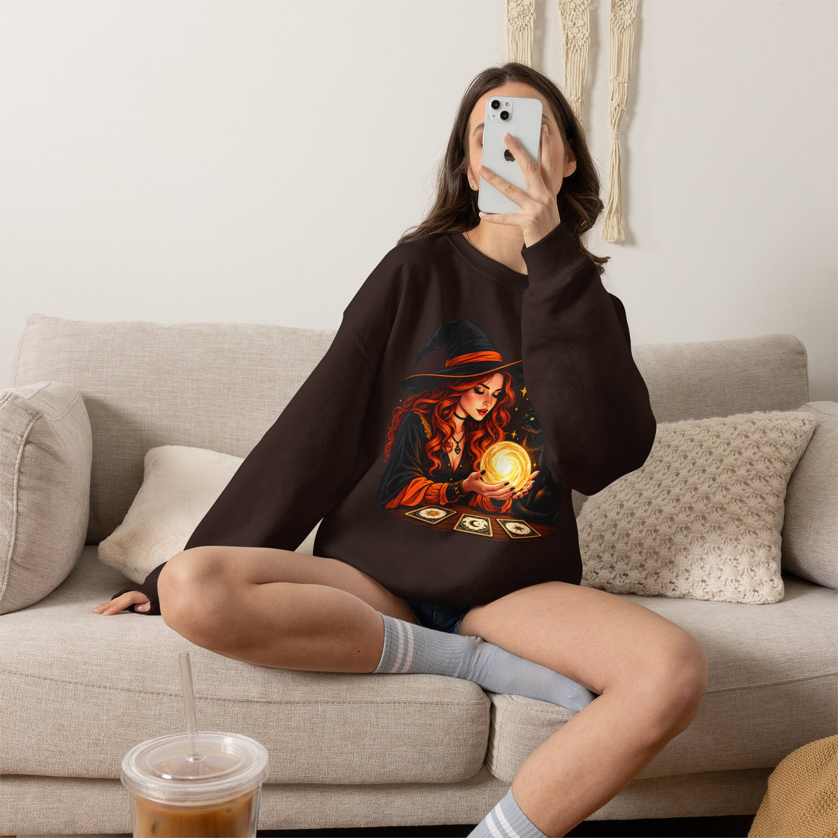 Witch Tarot Crewneck Sweatshirt, Mystic Fortune Teller & Black Cat Design - 14504
