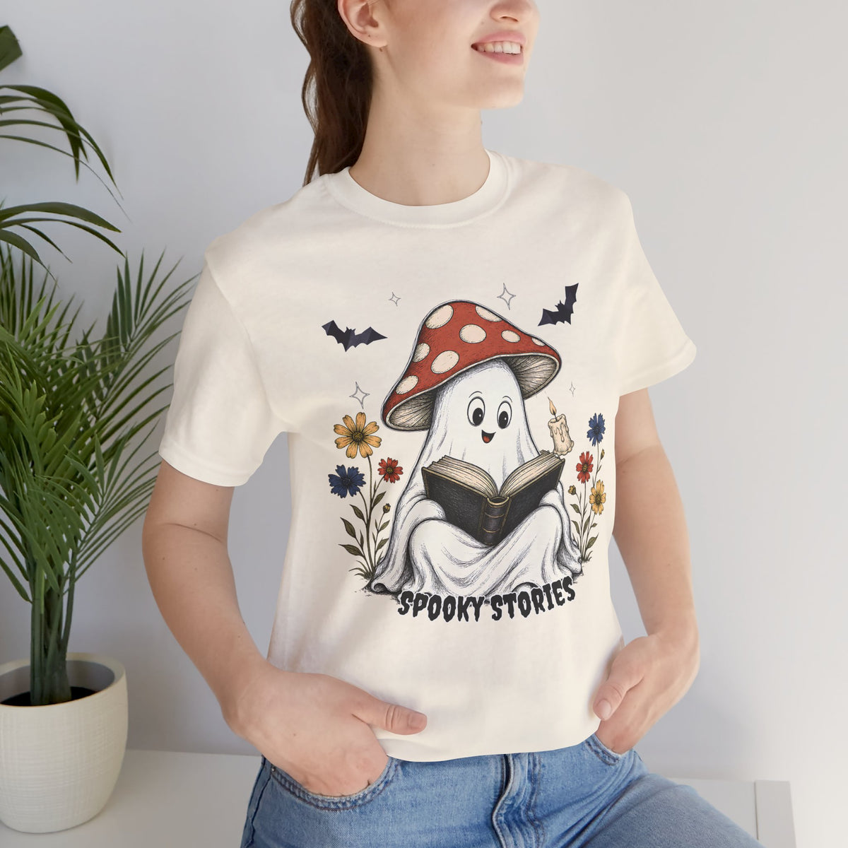 Spooky Stories Ghost T-Shirt, Cute Mushroom Ghost Reading Shirt for Halloween - 14970