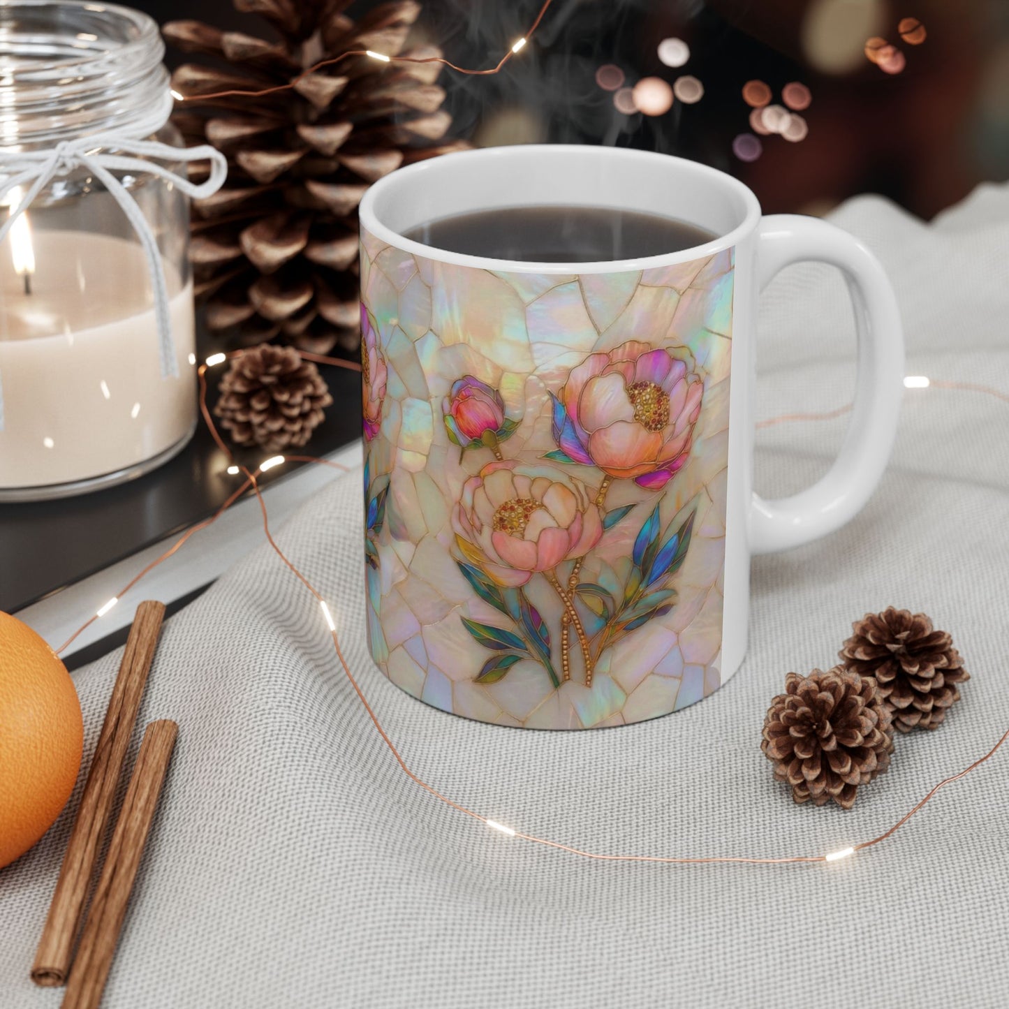 Floral Mosaic Ceramic Mug — Iridescent Peony Stained-Glass Design (11oz & 15oz) - 14518