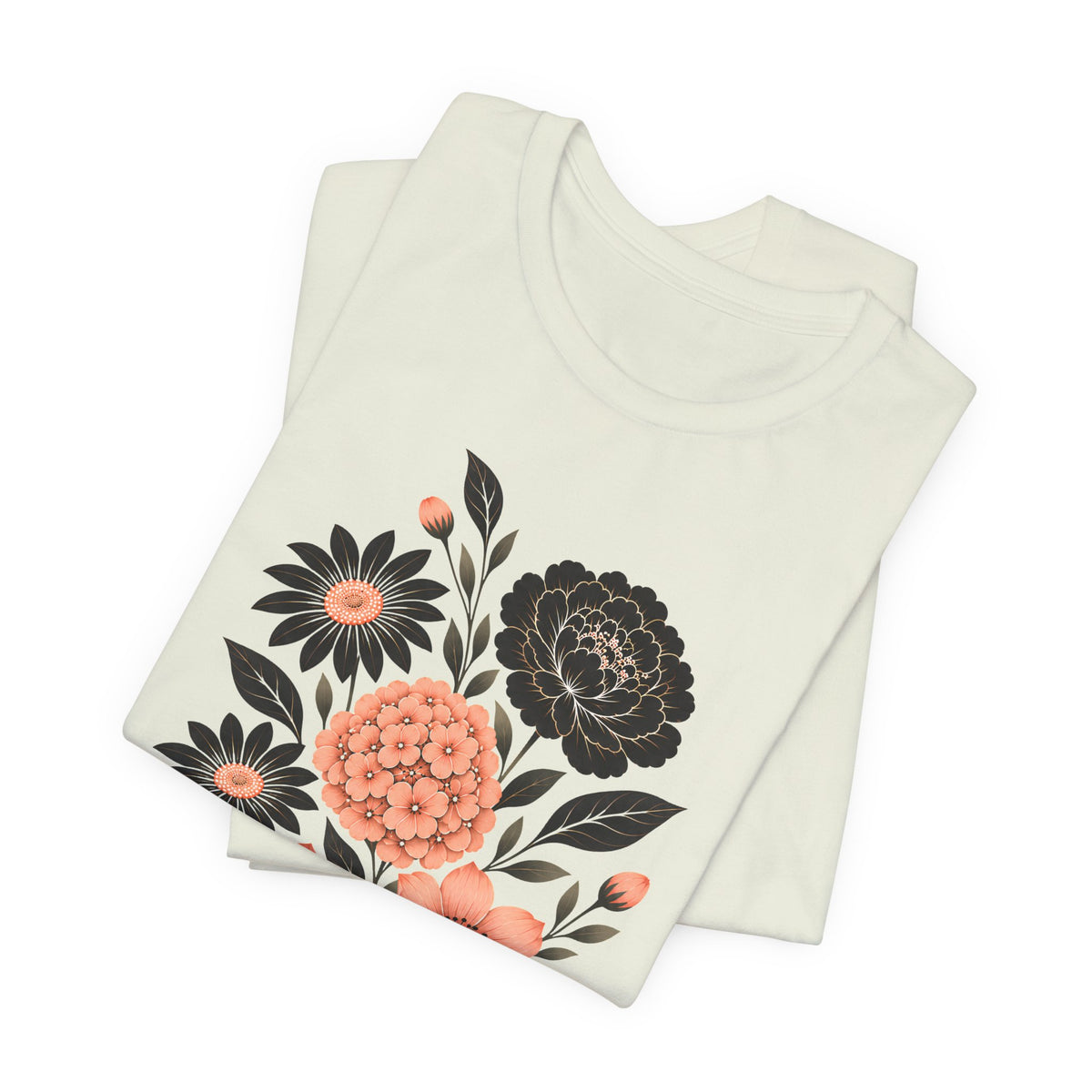 Floral Bouquet T-Shirt, Peach & Black Garden Flower Tee - 14502