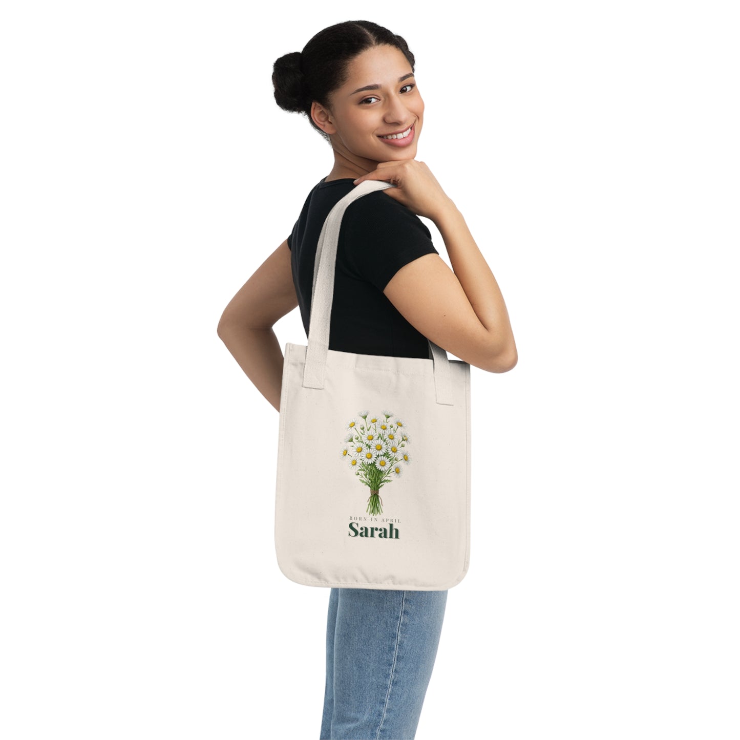 Personalized April Daisy Birth Flower Tote Bag – Custom Name Canvas Tote, Floral Birthday Gift for Her - 14839