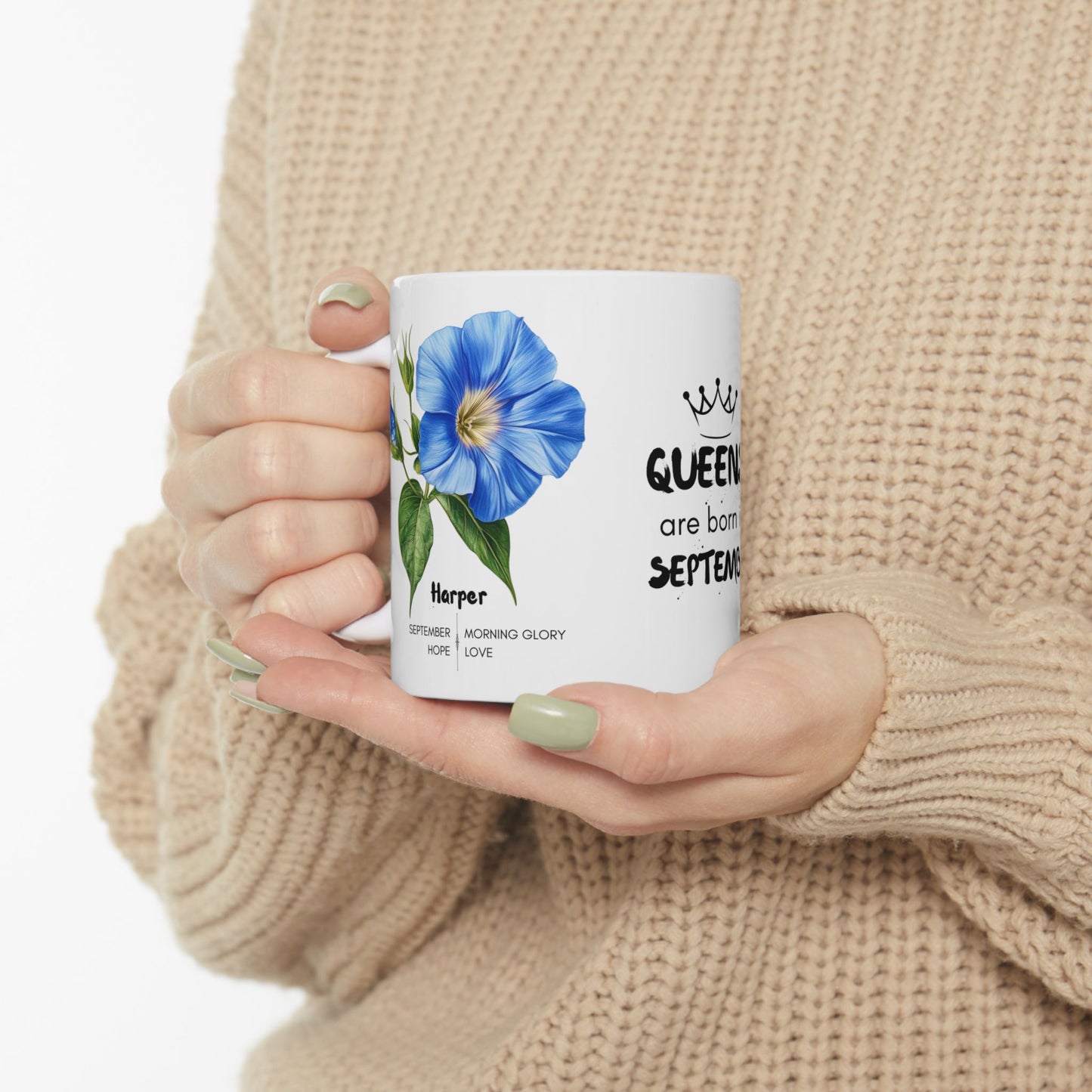 Happy Birthday: Queens Are Born In September, Morning Glory Flower, Customizable - Ceramic Mug, (11oz, 15oz)