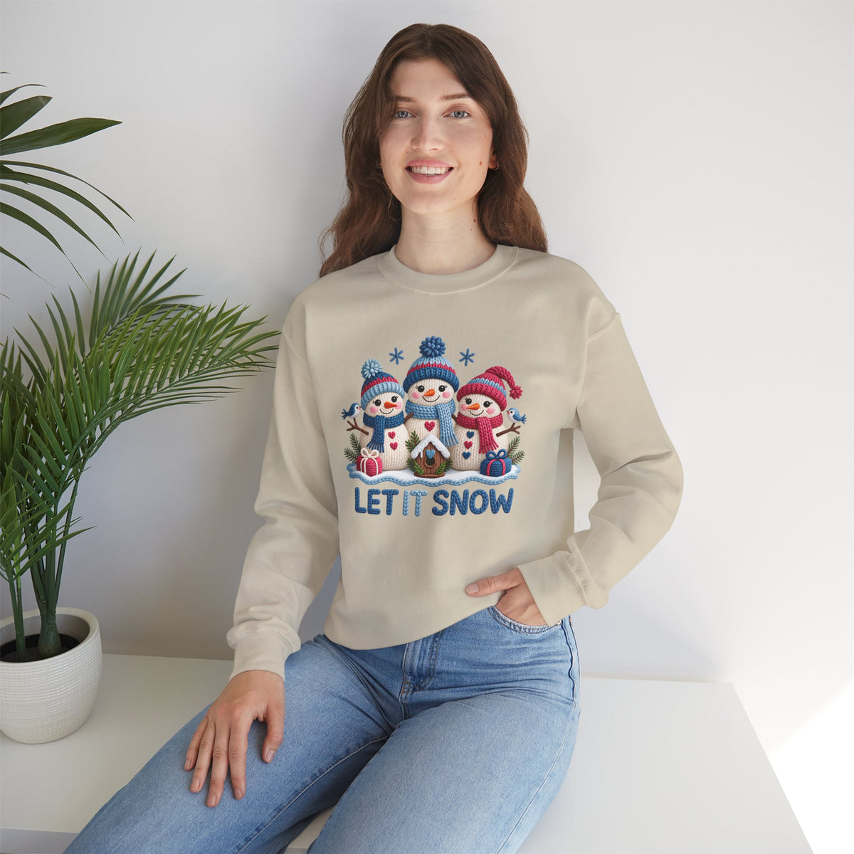 Let It Snow Sweatshirt, Cute Knitted Snowmen Christmas Crewneck - 14570