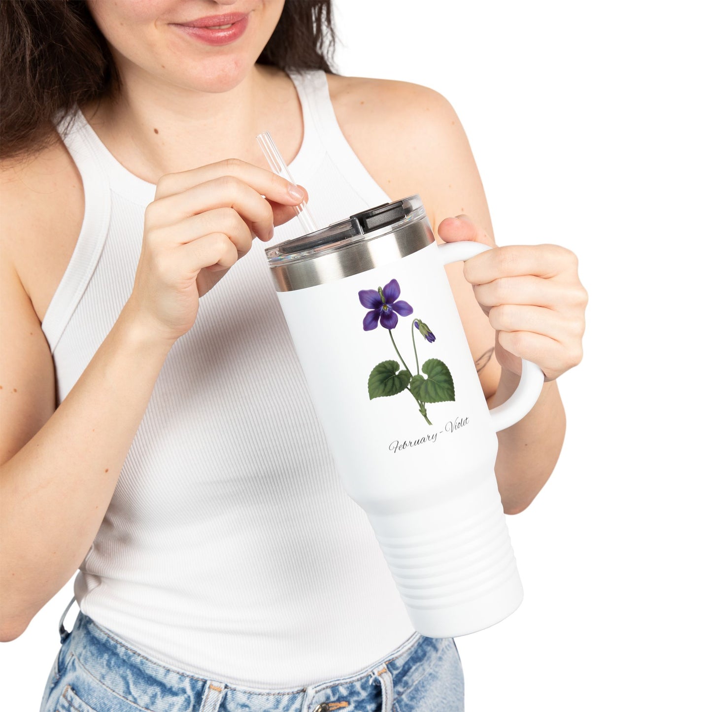 Violet (Single) Floral Tumbler – February Birth Flower Gift | 40oz Insulated Travel Mug, Customizable — 14698