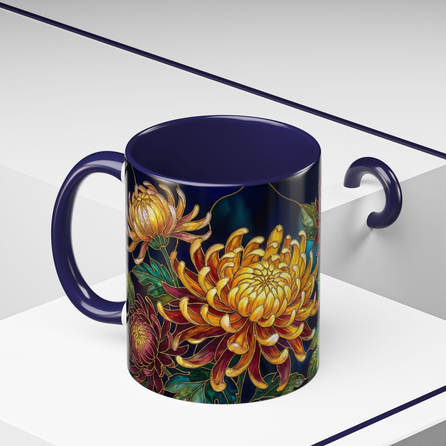 Chrysanthemum Floral Accent Coffee Mug — Stained Glass Design (11/15oz) - 14541