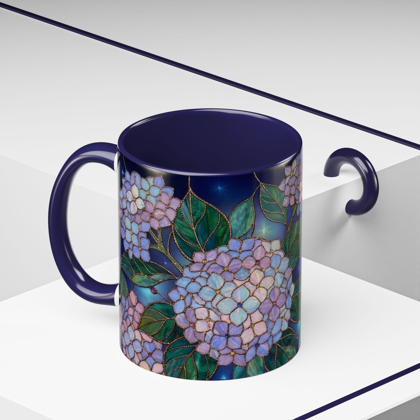 Hydrangea Floral Accent Coffee Mug — Stained Glass Design (11/15 oz) - 14571