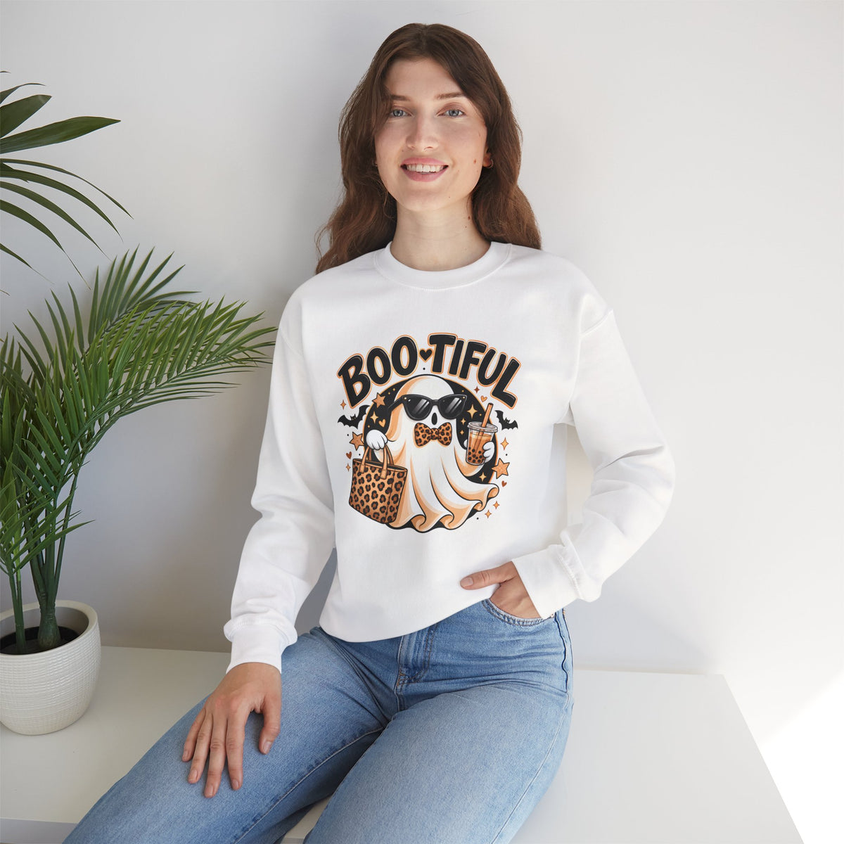 Boo-tiful Halloween Ghost Sweatshirt,  Leopard Print Crewneck - 14523