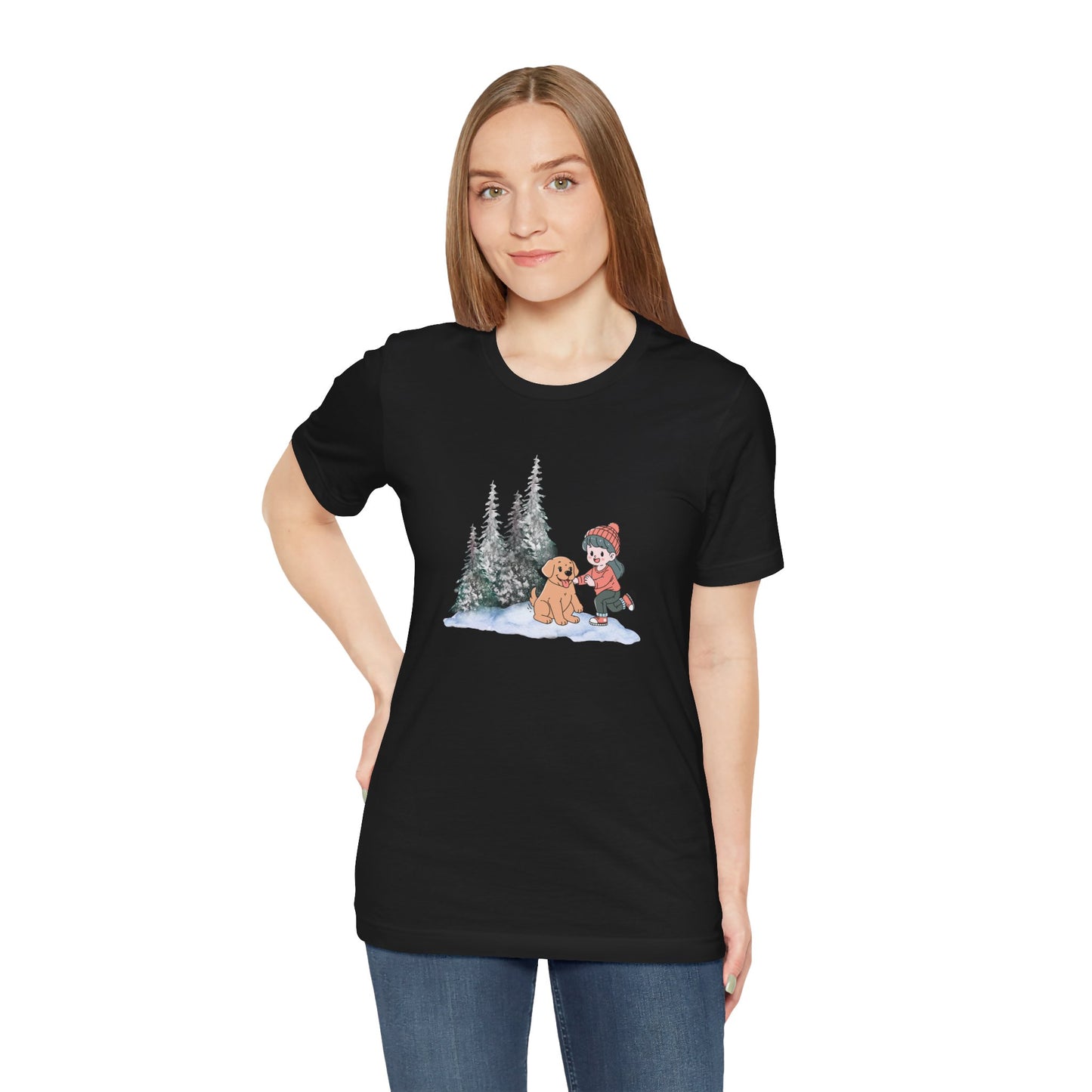 Winter Trees, Girl & Puppy - Unisex Jersey Short Sleeve Tee - 10279