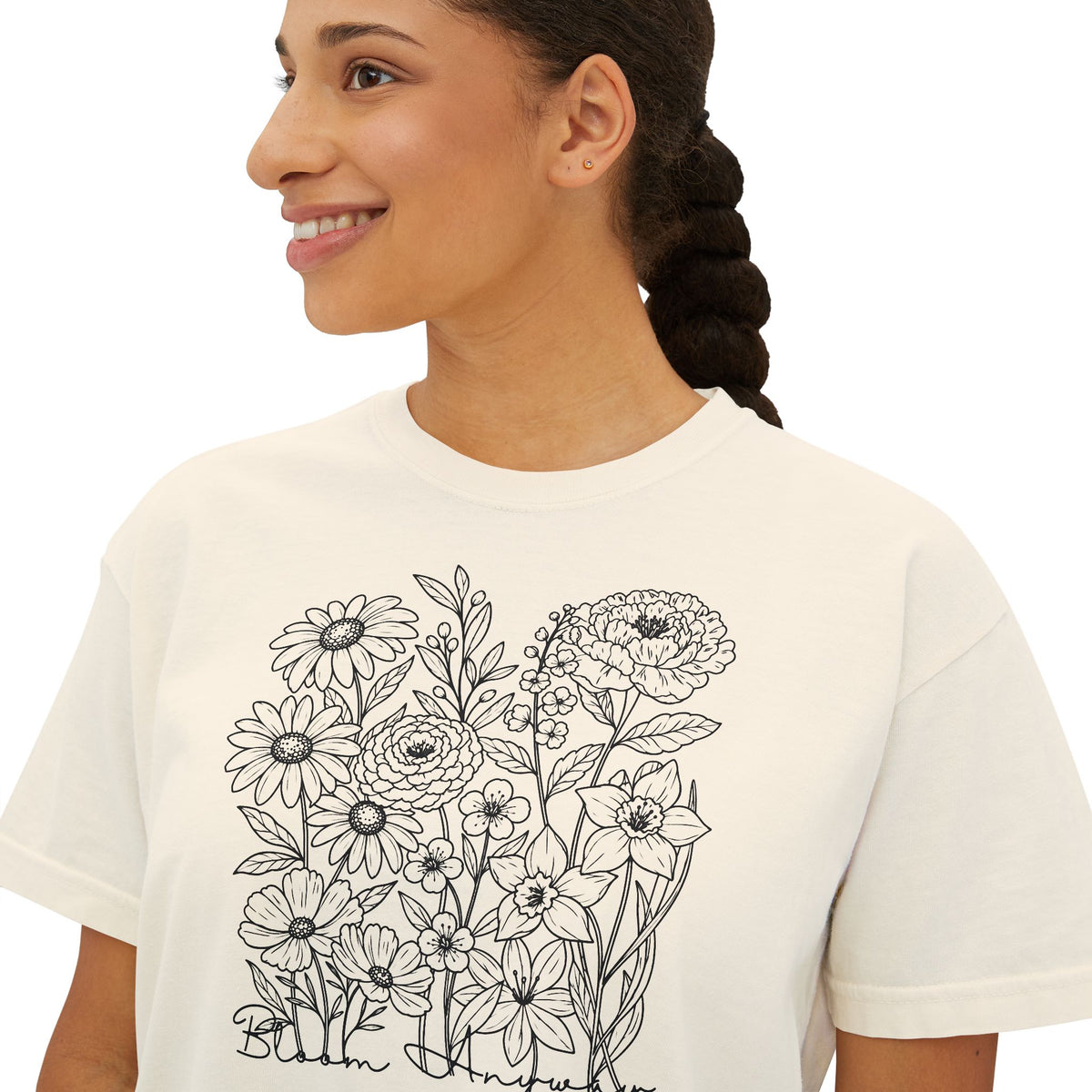 Floral Line Art Boxy T-Shirt, Women’s Botanical Sketch Tee - 14987
