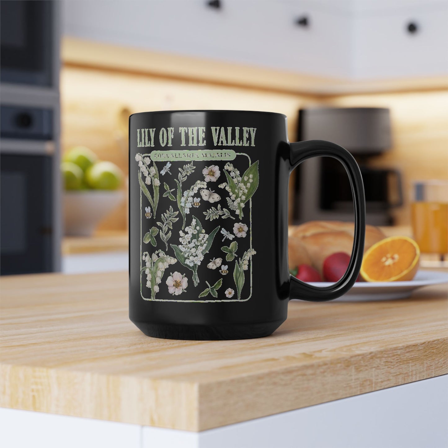 May Birth Flower Mug – Lily of the Valley Black Ceramic Coffee Cup (11oz, 15oz) - 11887