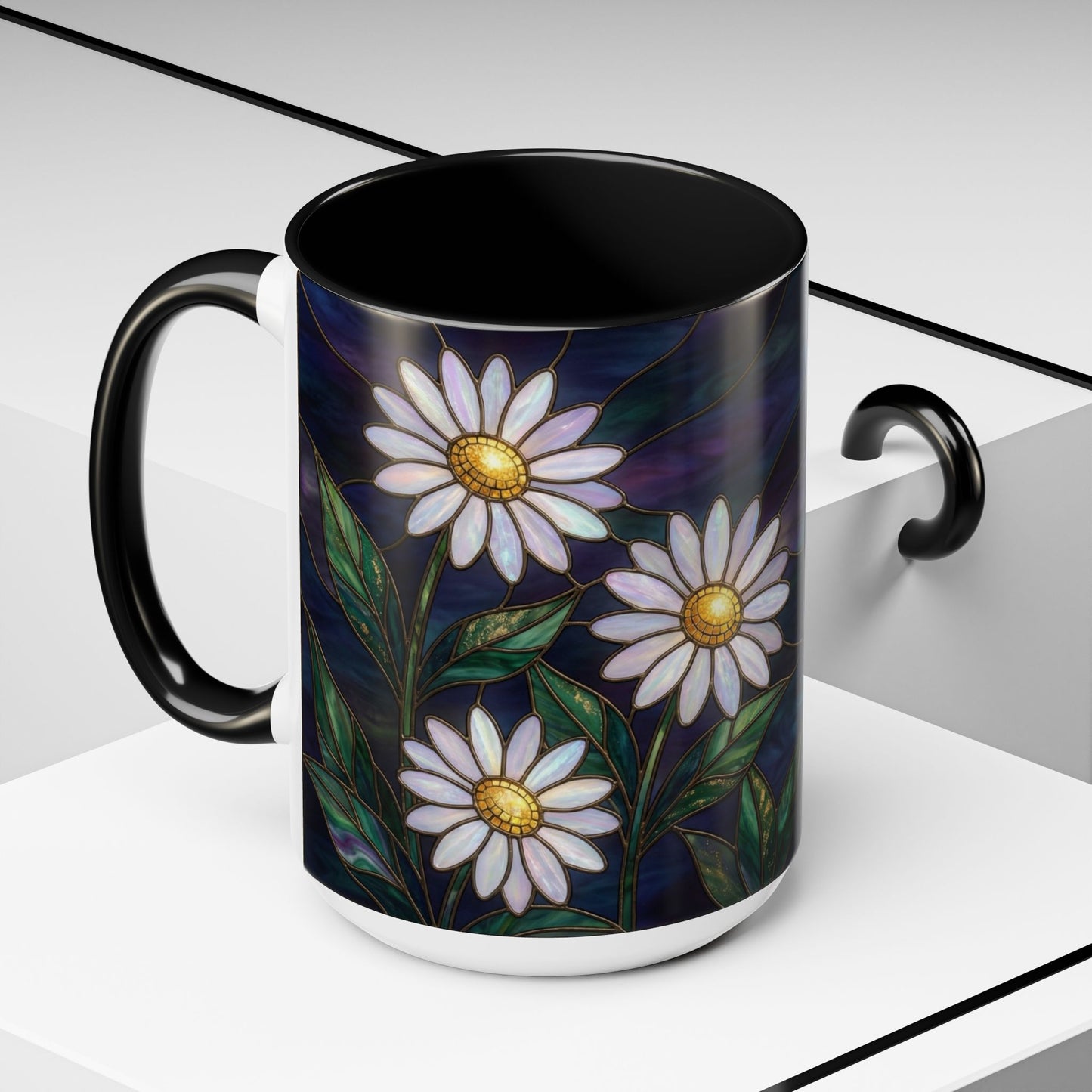 Daisy Stained Glass Accent Coffee Mug — White Daisies on Midnight (11/15oz) - 14535