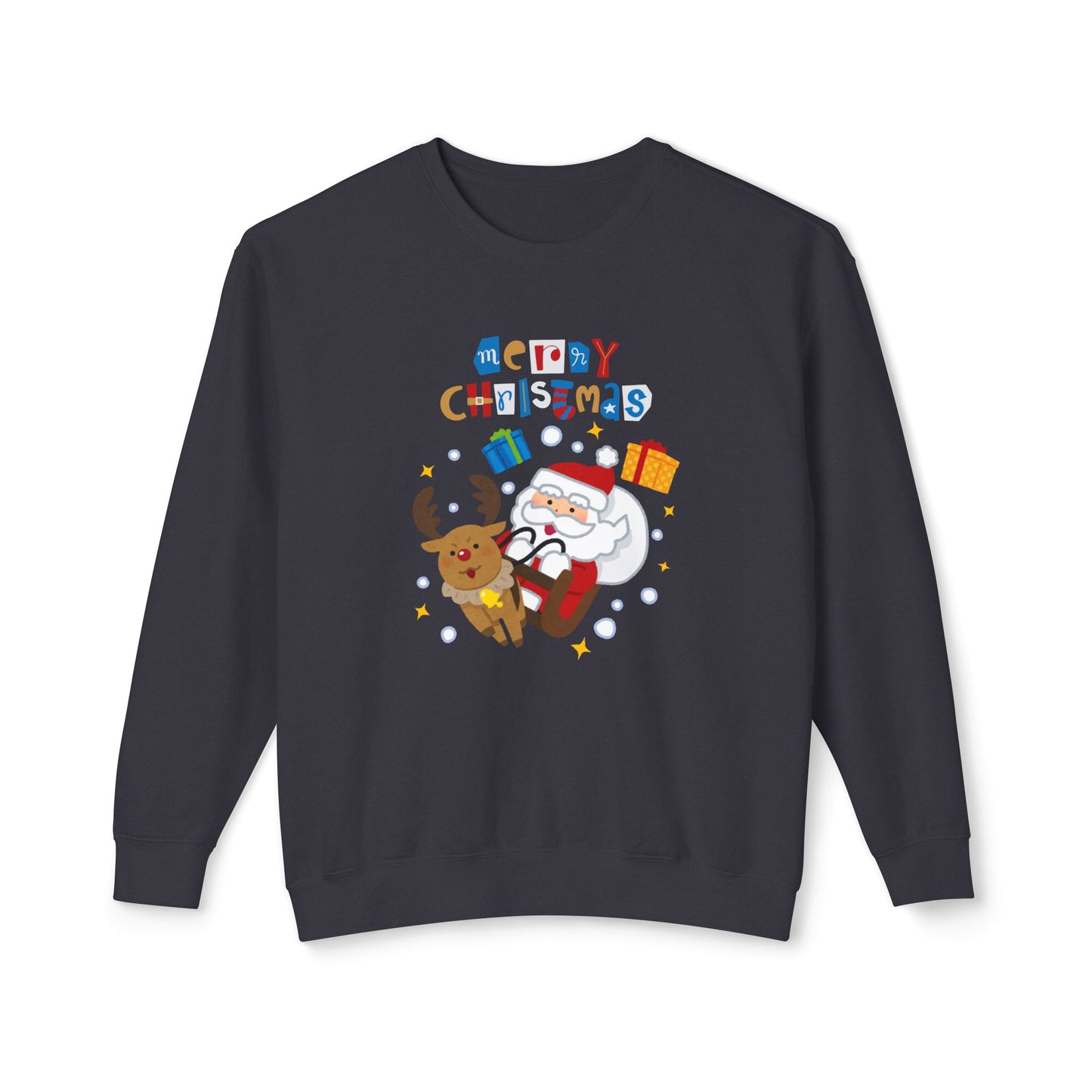 Merry Christmas, Santa & Reindeer - Unisex Lightweight Crewneck Sweatshirt - 10470