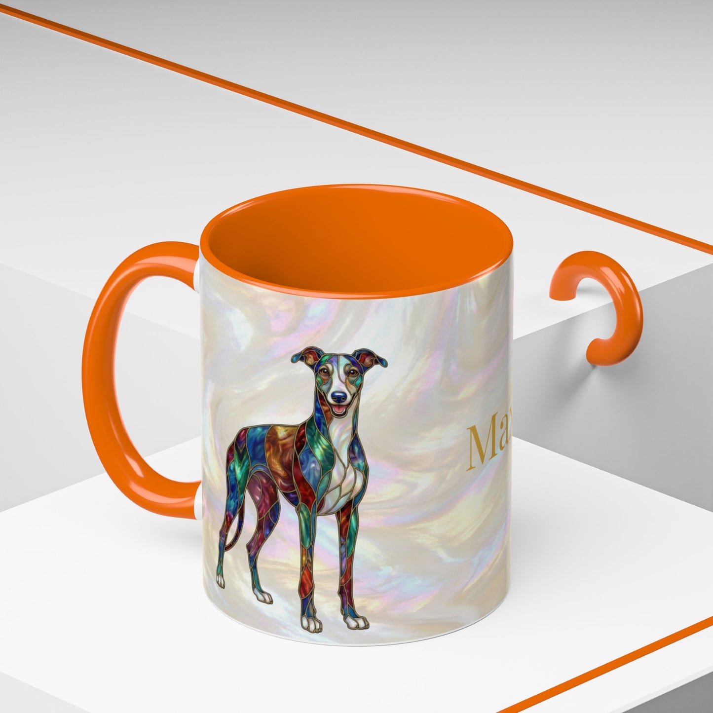 Personalized Greyhound Coffee Mug – Stained Glass Dog Accent Mug (Name Customizable)  - 14523