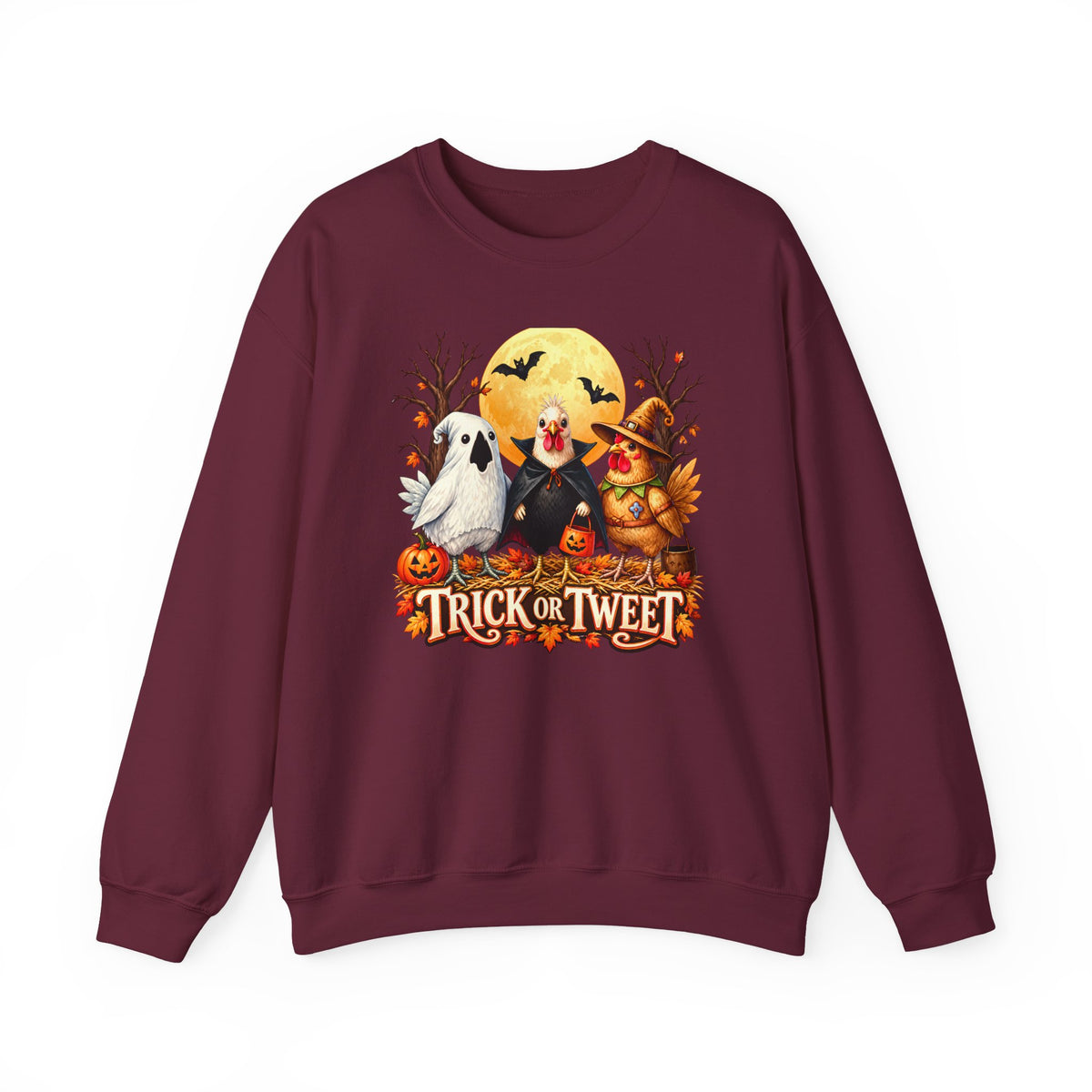 Trick or Tweet Halloween Sweatshirt, Cute Costume Chickens & Ghost Crewneck- 14512