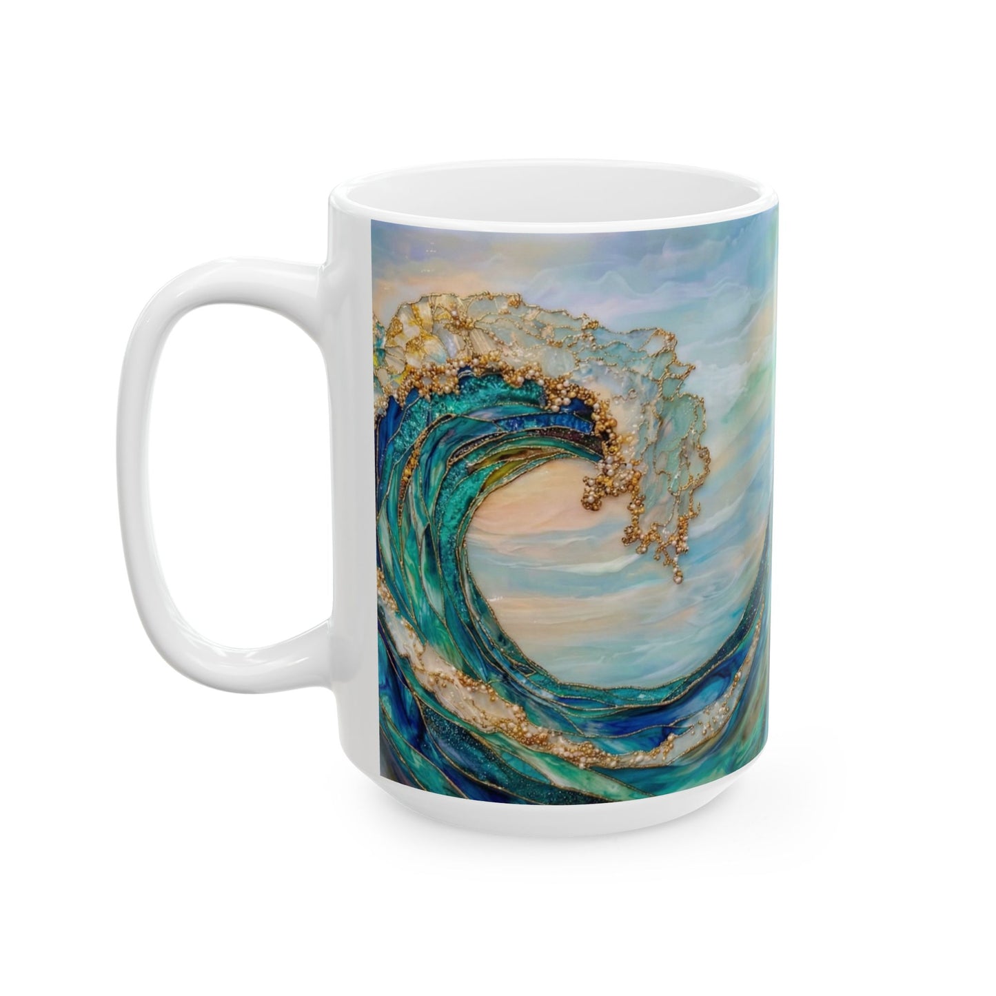 Ocean Wave Ceramic Mug — Teal & Gold Coastal Art Coffee Cup (11oz, 15oz) - 14522