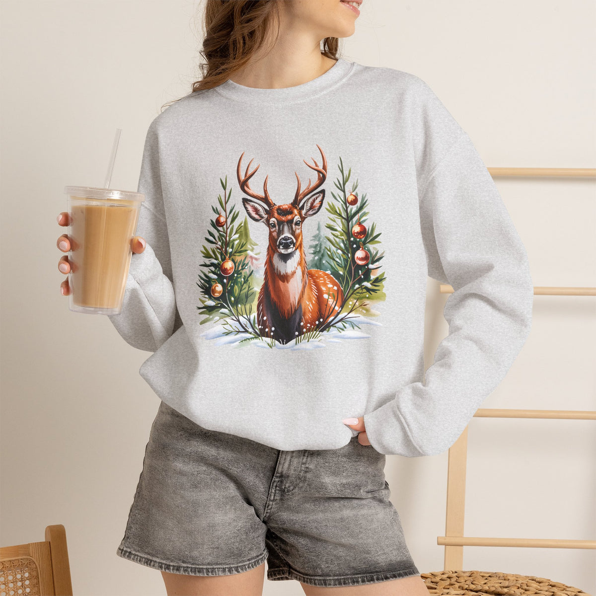 Christmas Deer Sweatshirt, Vintage Woodland Holiday Crewneck - 14562