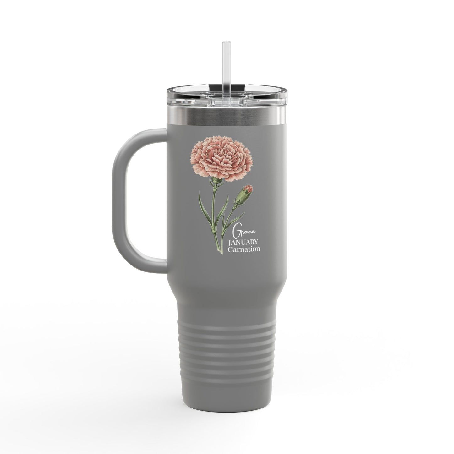 Carnation Floral Tumbler (Expressive) – January Birth Flower Gift | 40oz Insulated Travel Mug, Customizable — 14691