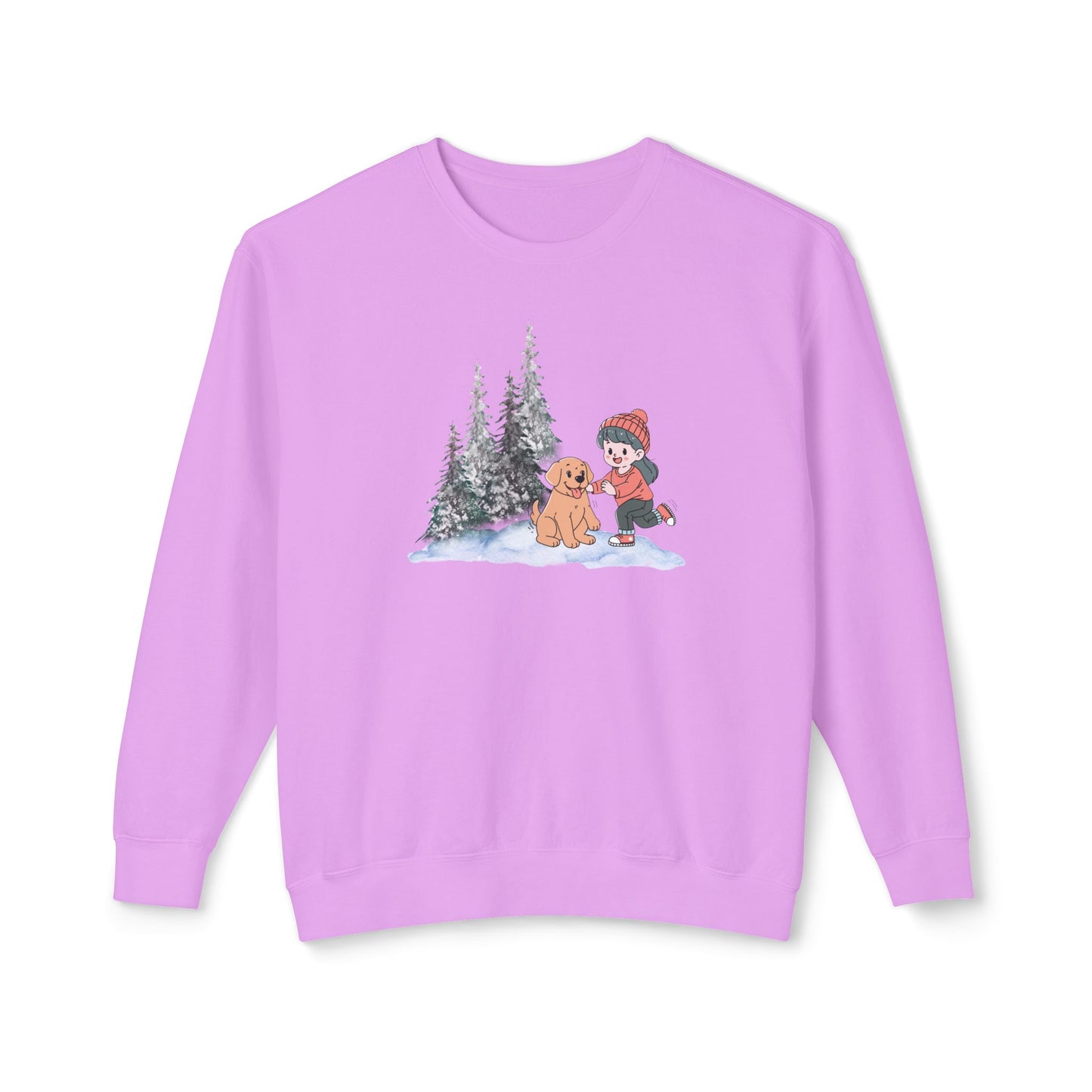 Winter Trees, Girl & Doggy - Unisex Lightweight Crewneck Sweatshirt - 10262