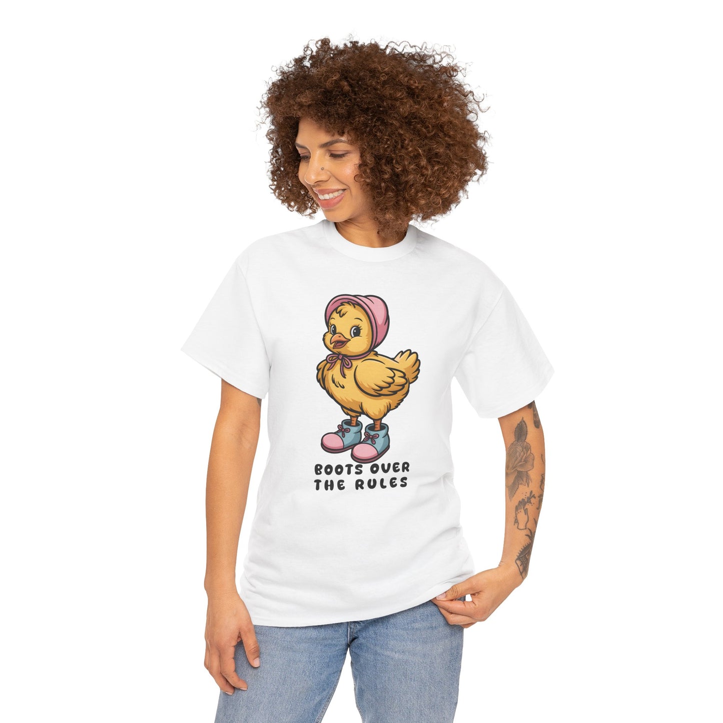 Cute Chick in Boots T-Shirt – “Boots Over The Rules” Funny Chicken Graphic Tee Gift - 14858