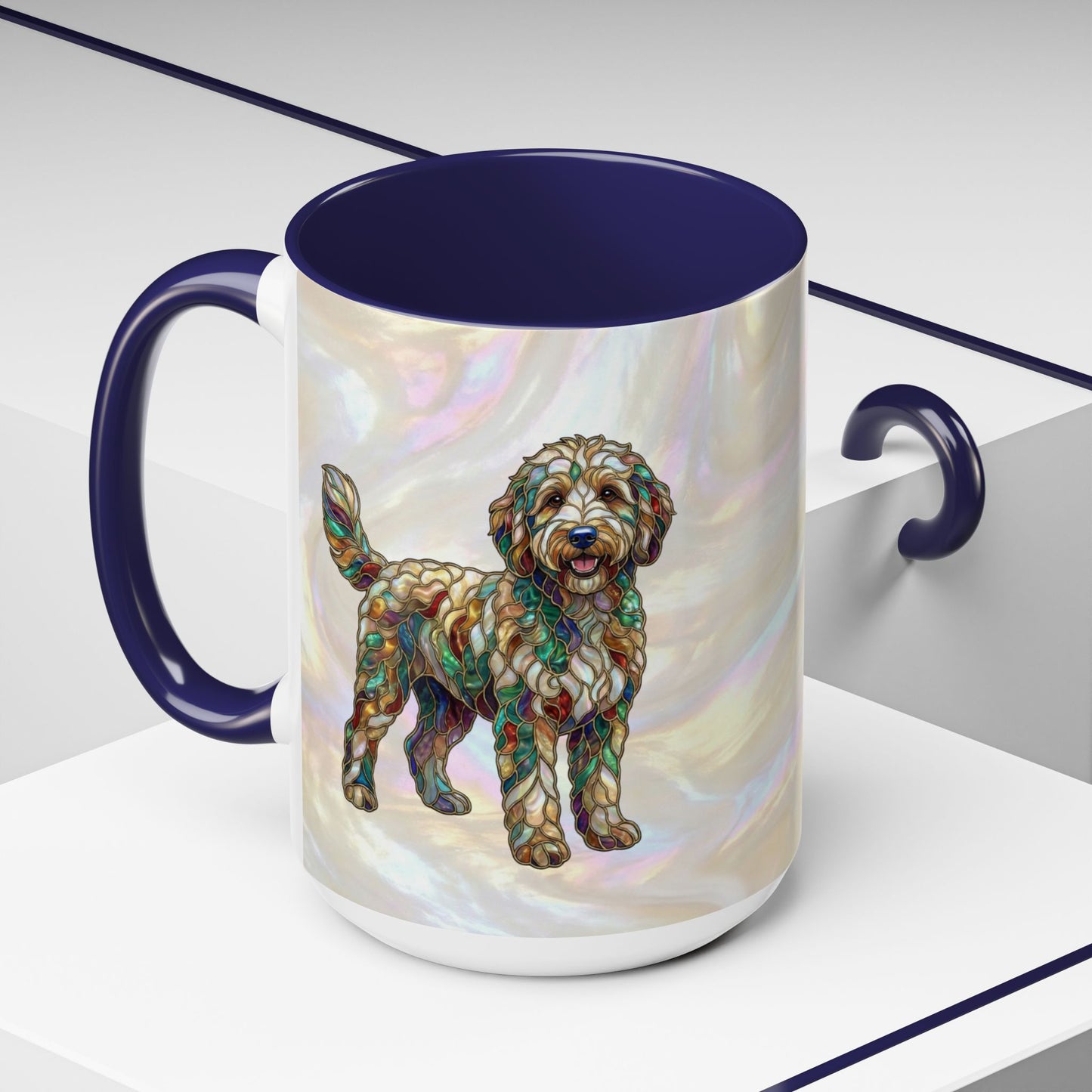 Personalized Dog (Goldendoodle) Coffee Mug - Accent Ceramic Mug with Name and Stained Glass Design - 14530