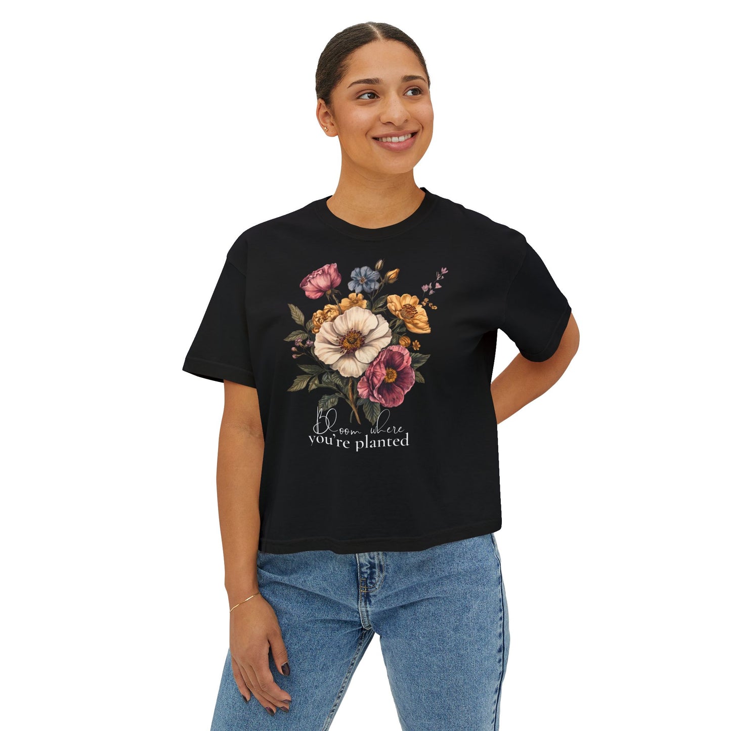 Bloom Where You’re Planted Floral Boxy Tee, Vintage Botanical T-Shirt - 14934