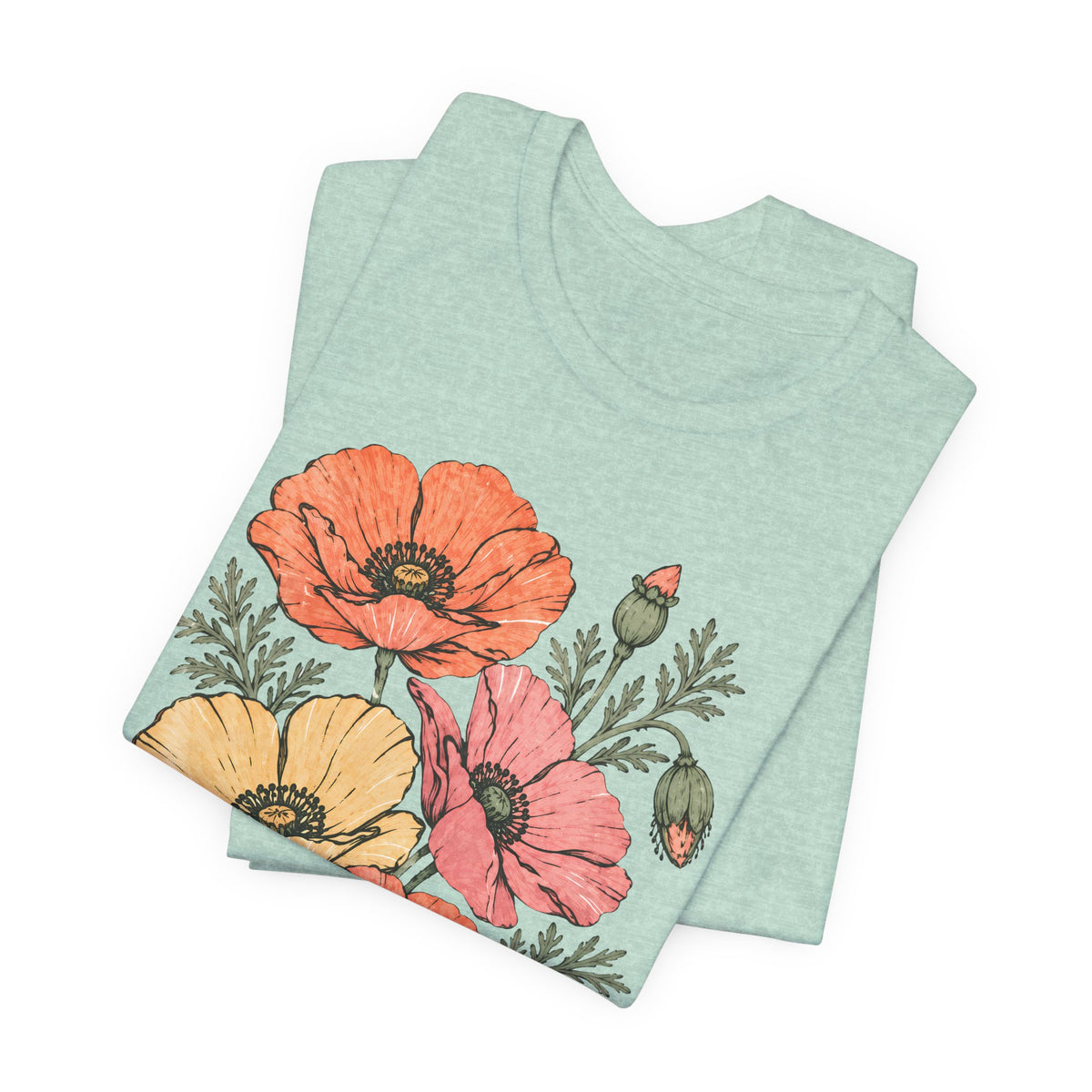 Floral Poppies T-Shirt, Vintage Wildflower Graphic Tee - 14988