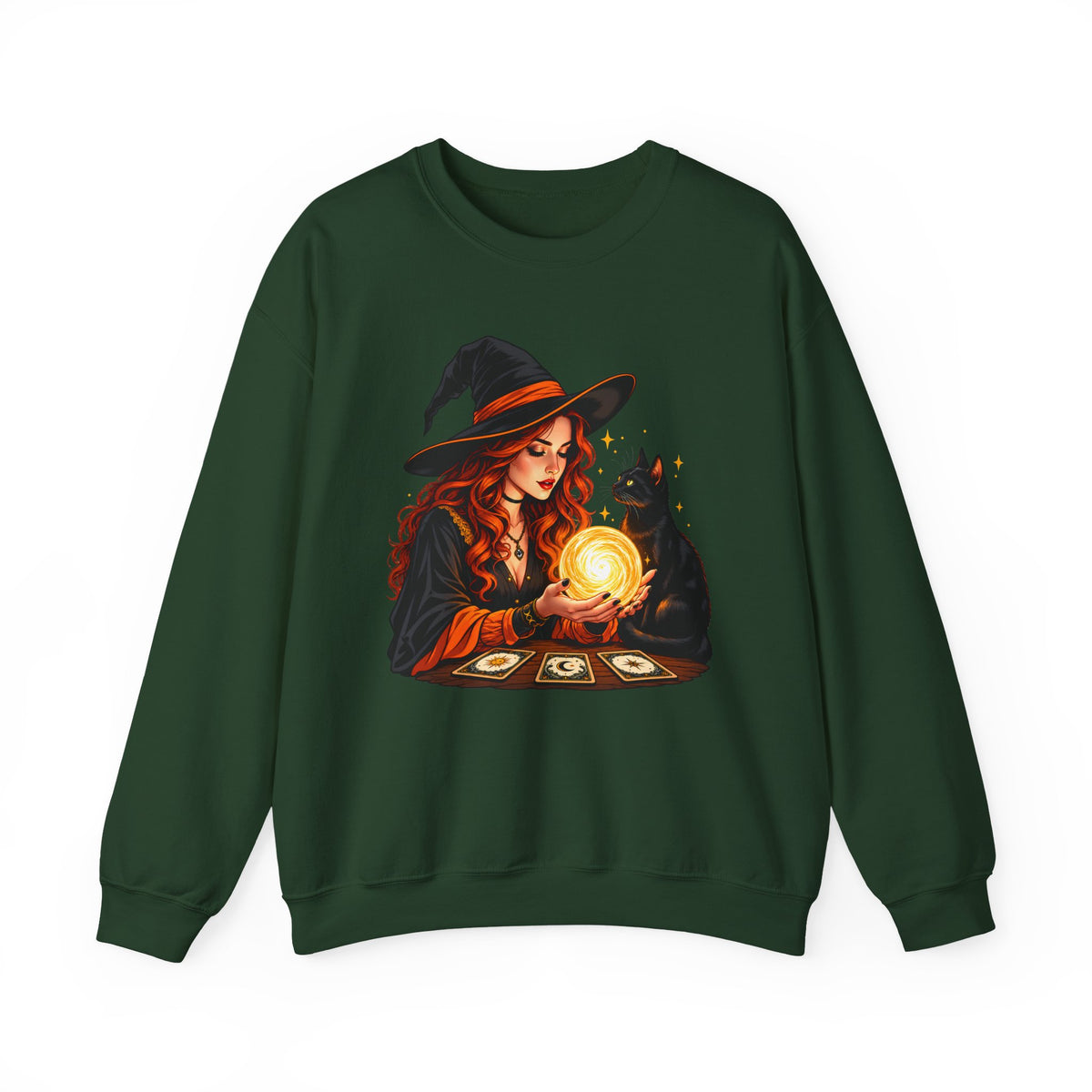 Witch Tarot Crewneck Sweatshirt, Mystic Fortune Teller & Black Cat Design - 14504