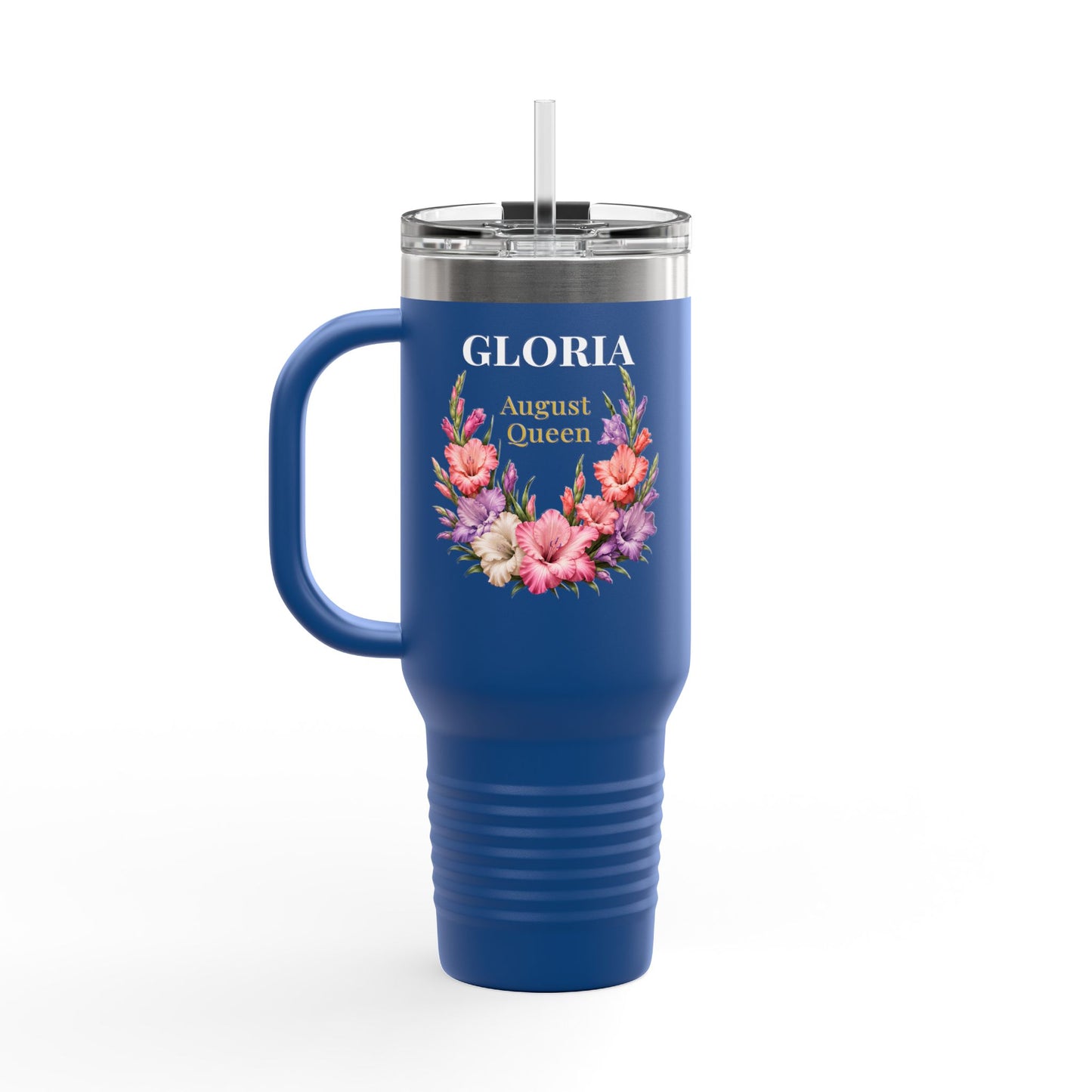 Personalized August Queen 40oz Insulated Travel Mug – Custom Name Floral Birthday Tumbler - 14917