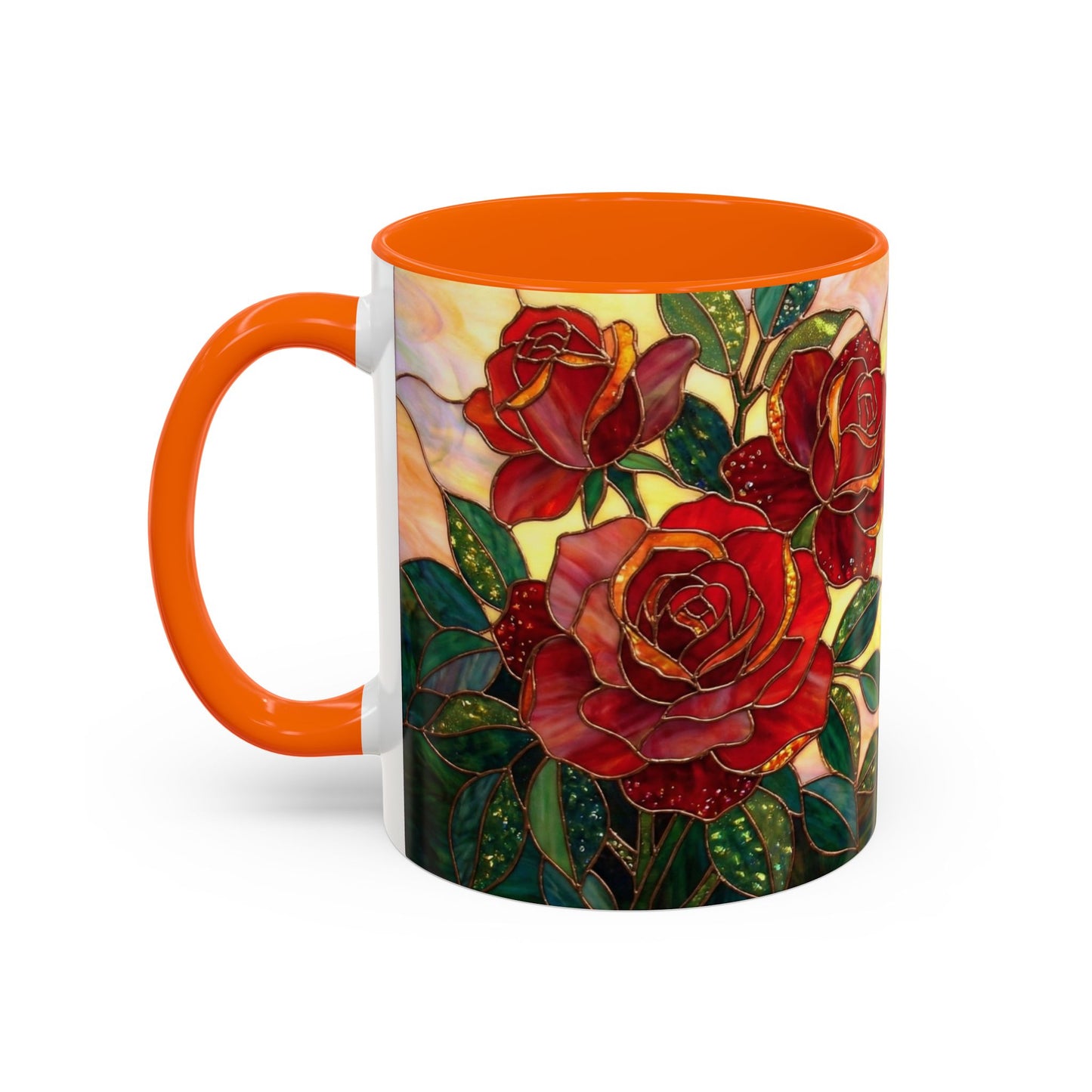 Rose Stained Glass Accent Coffee Mug – Red Roses Floral 11/15oz - 14539