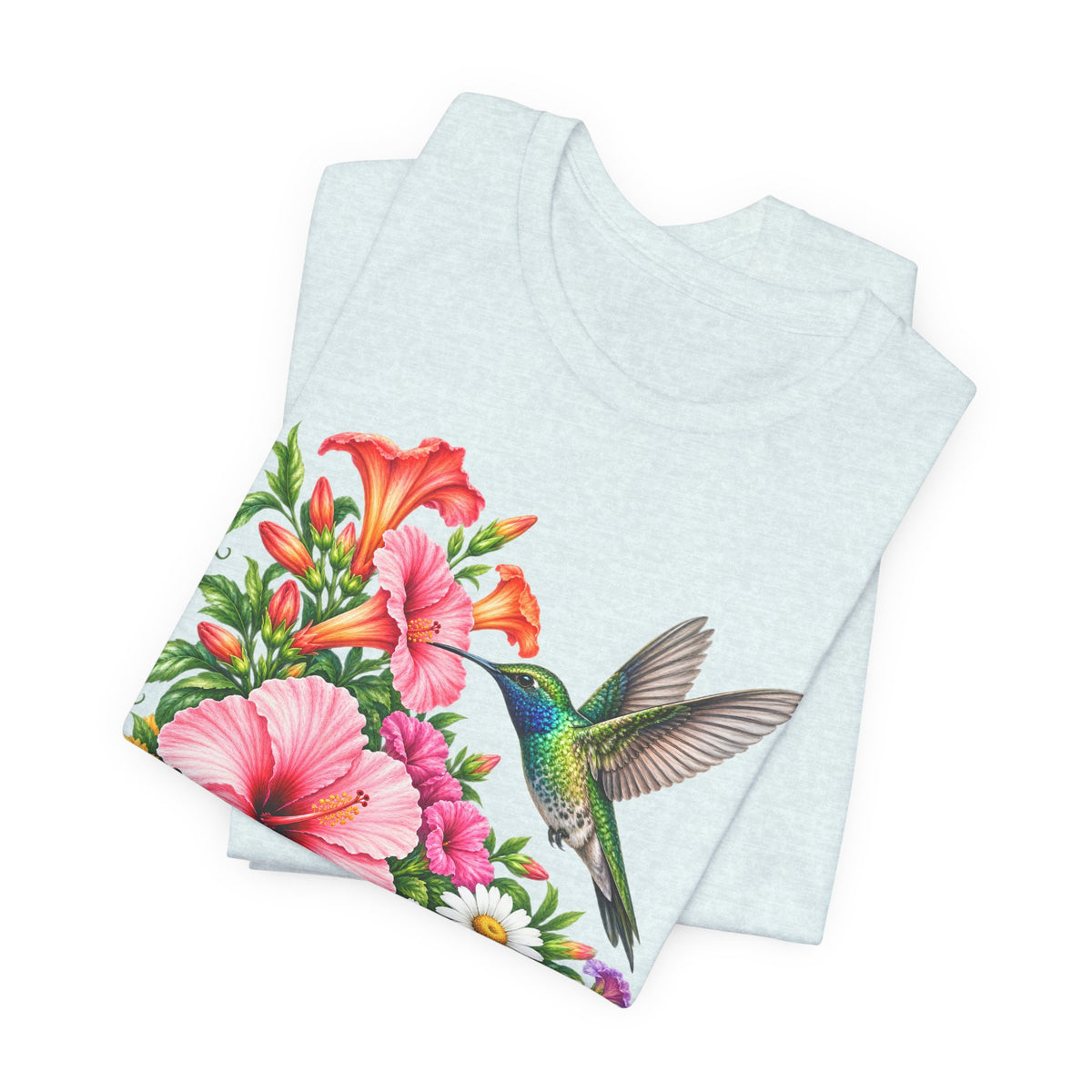 Hummingbird & Hibiscus T-Shirt, Colorful Tropical Floral Garden Tee - 14542
