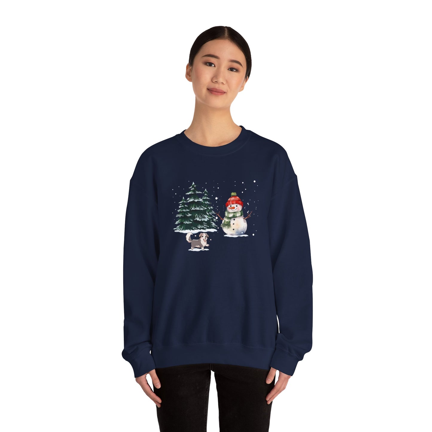 Winter Trees, Snowman, Puppy - Unisex Heavy Blend™ Crewneck Sweatshirt - 10260