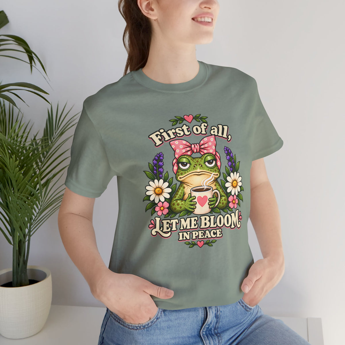 Let Me Bloom in Peace Frog T-Shirt, Cute Floral Coffee Tee - 14500