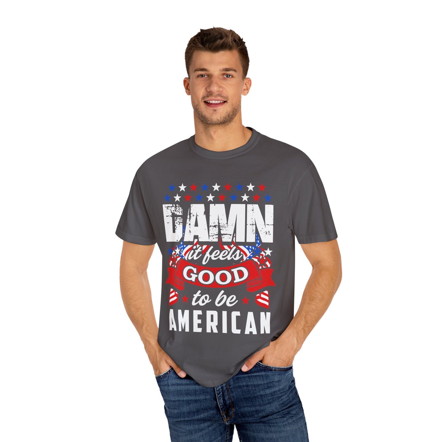 Patriotic T-Shirt with 'Damn it feels Good to be American' Design, Great for 4th of July, BBQs, and Casual Outings, Unisex Top - 13600