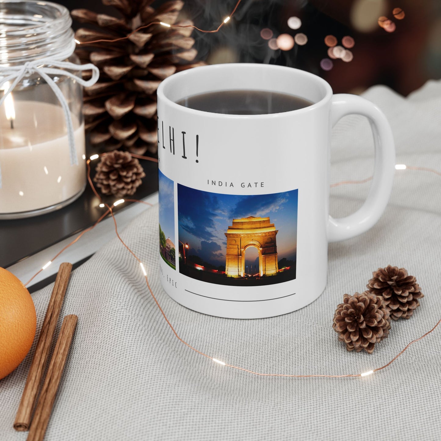 Hello Delhi! Ceramic Mug - 11oz & 15oz Travel Souvenir with Scenic Landmarks - 12025