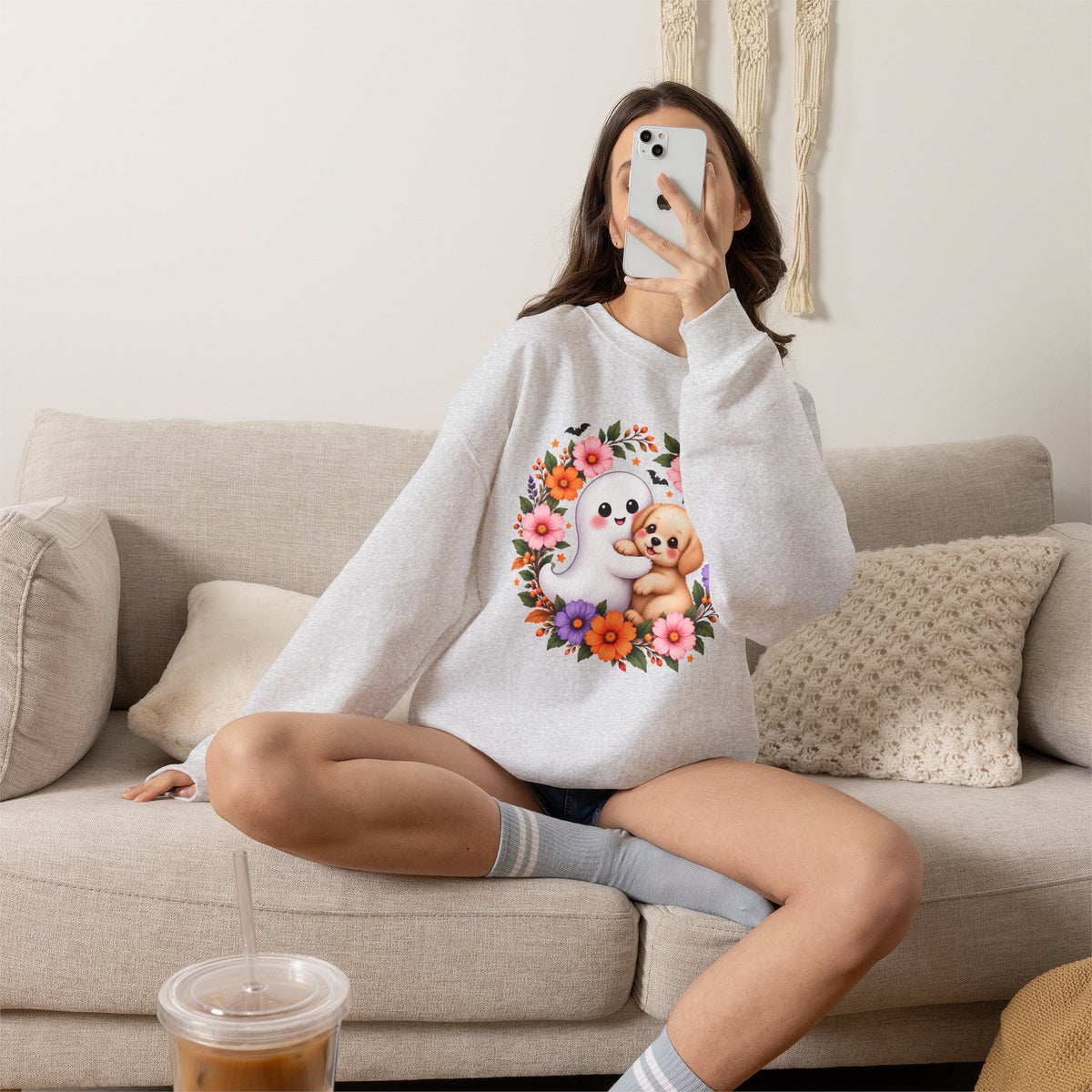 Cute Ghost & Puppy Halloween Sweatshirt,  Floral Crewneck - 14515