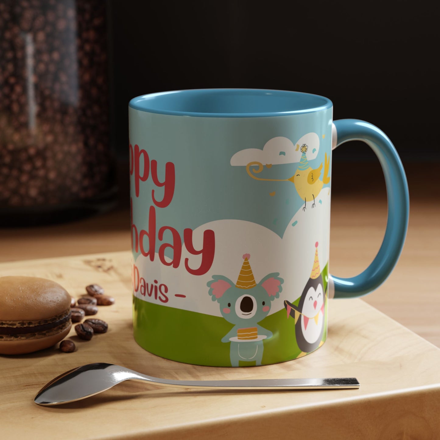 Cute Animals, Happy Birthday, Name Customizable - Accent Coffee Mug (11, 15oz) - 11140