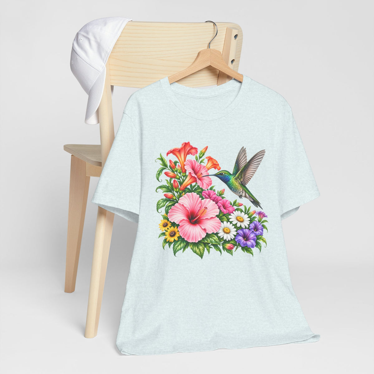Hummingbird & Hibiscus T-Shirt, Colorful Tropical Floral Garden Tee - 14542
