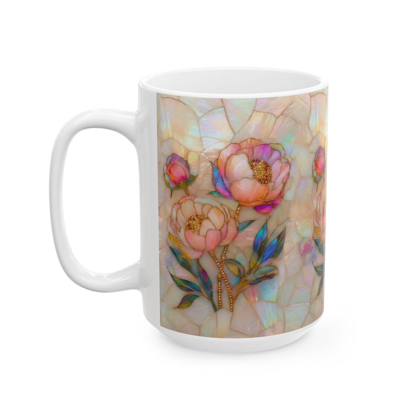 Floral Mosaic Ceramic Mug — Iridescent Peony Stained-Glass Design (11oz & 15oz) - 14518