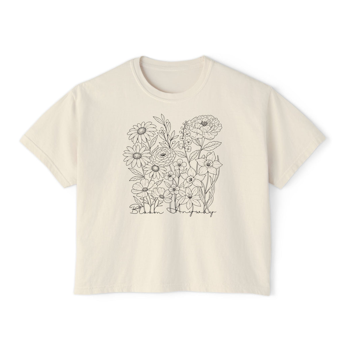 Floral Line Art Boxy T-Shirt, Women’s Botanical Sketch Tee - 14987