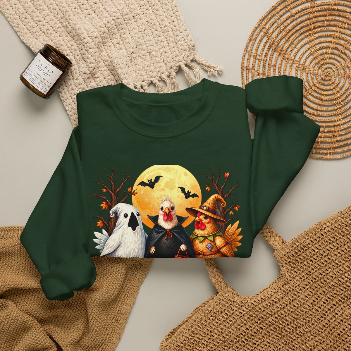 Trick or Tweet Halloween Sweatshirt, Cute Costume Chickens & Ghost Crewneck- 14512