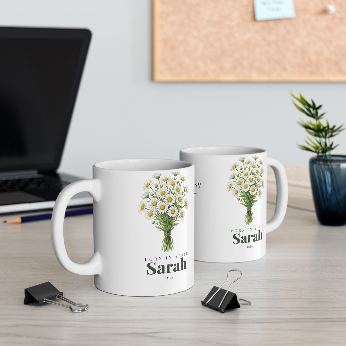 Personalized April Daisy Birth Flower Mug – Custom Name Floral Coffee Cup, "Pure Bright Loyal" Birthday Gift (11oz, 15oz)  - 14832
