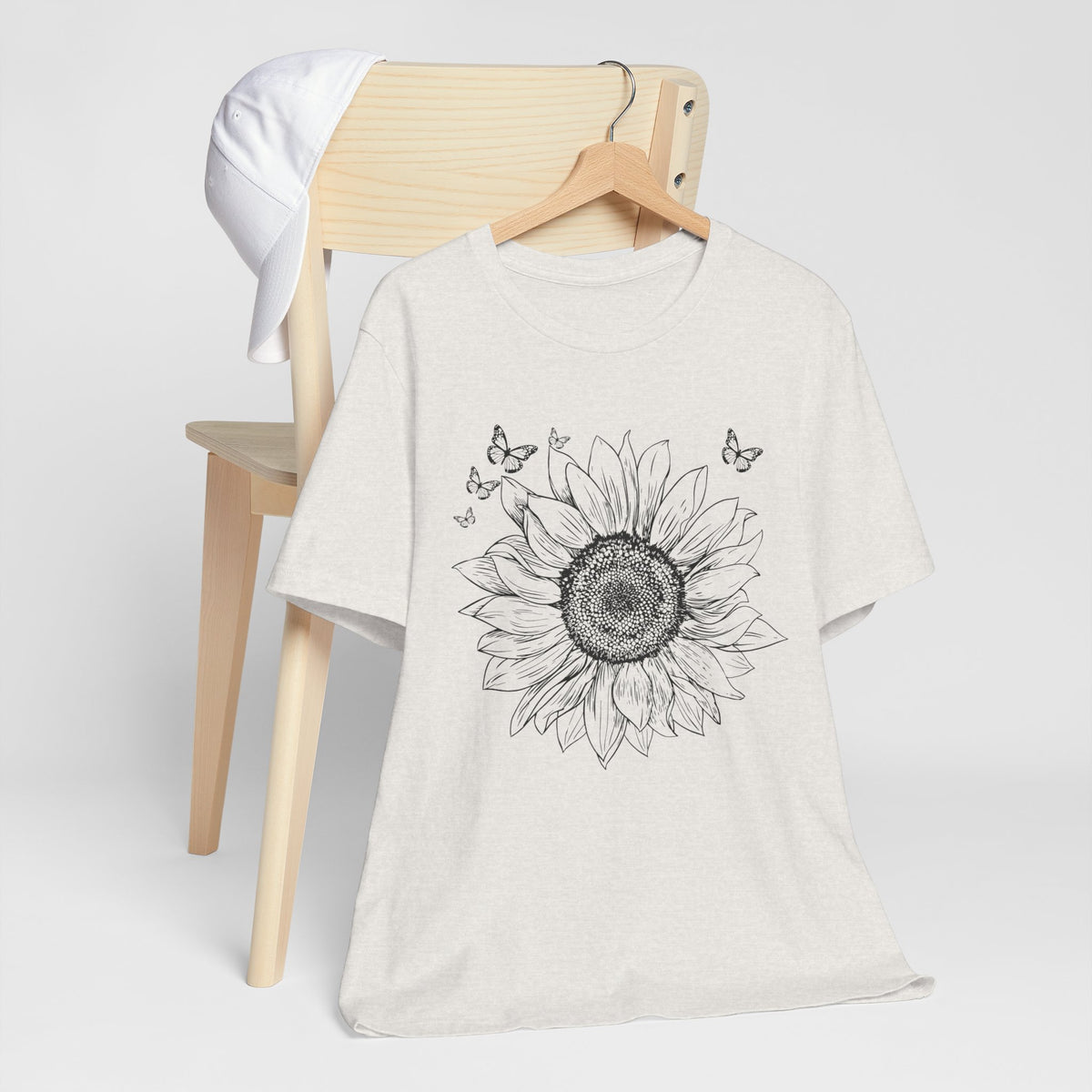 Sunflower Sketch T-Shirt, Vintage Botanical Sunflower & Butterfly Graphic Tee - 14982