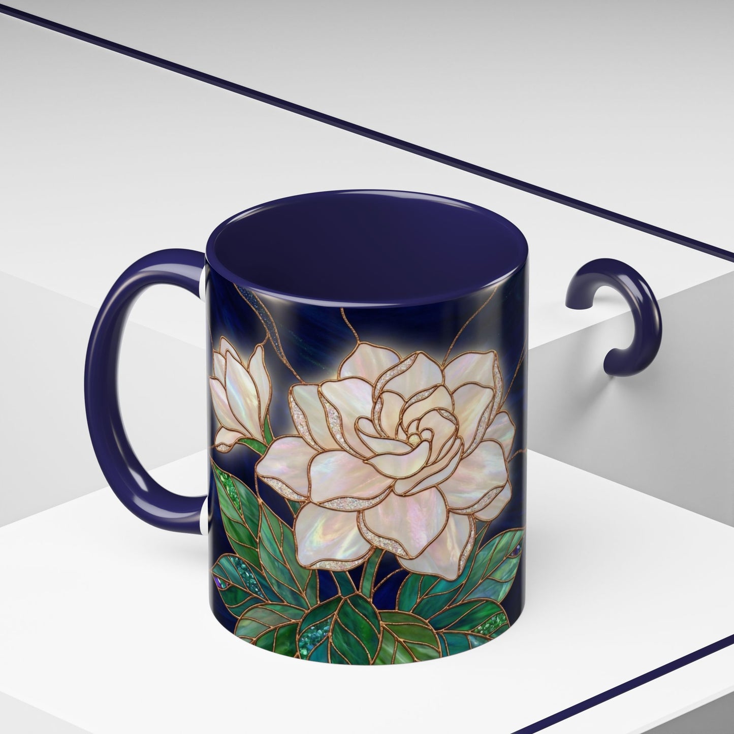 Gardenia Floral Accent Coffee Mug  - Stained-Glass Design (11/15oz) - 14567