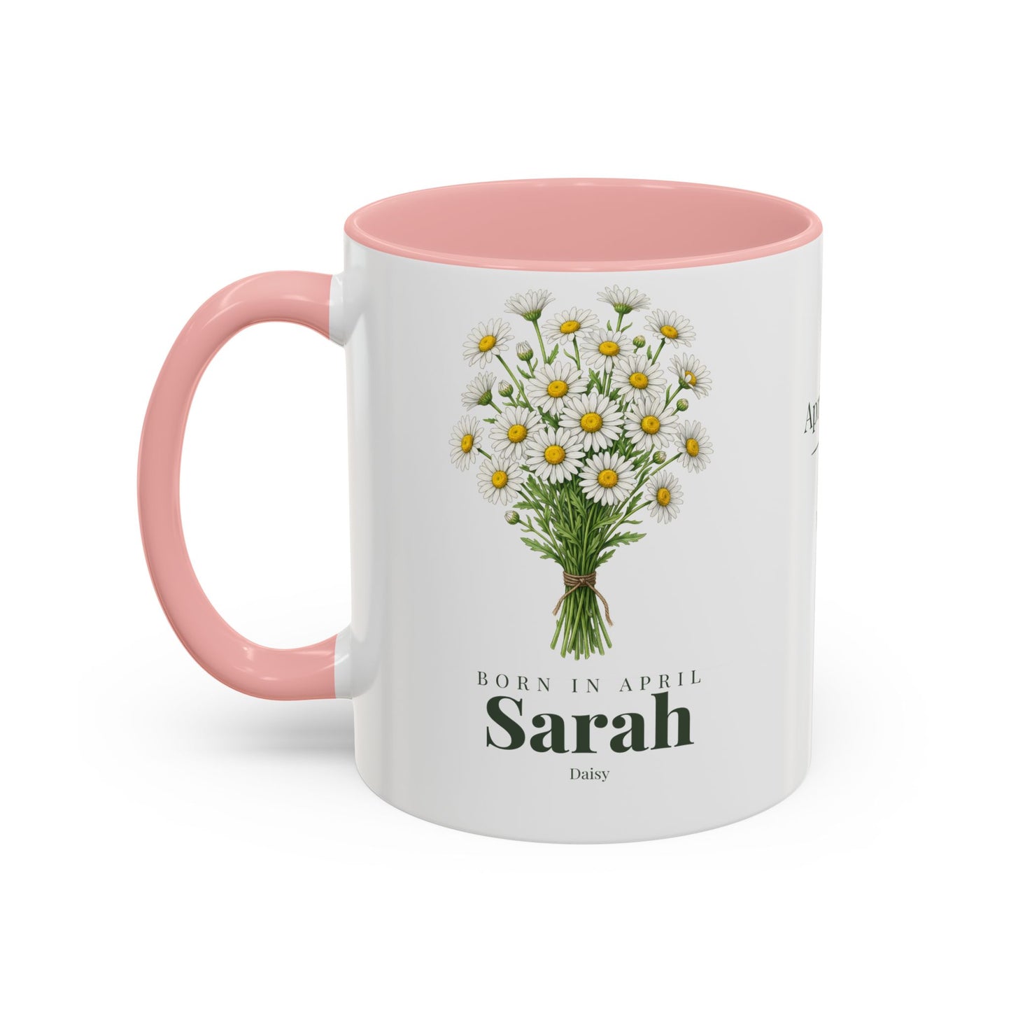 Personalized April Daisy Birth Flower Mug – Custom Name Floral Accent Coffee Cup, April Birthday Gift (11oz, 15oz) - 14833