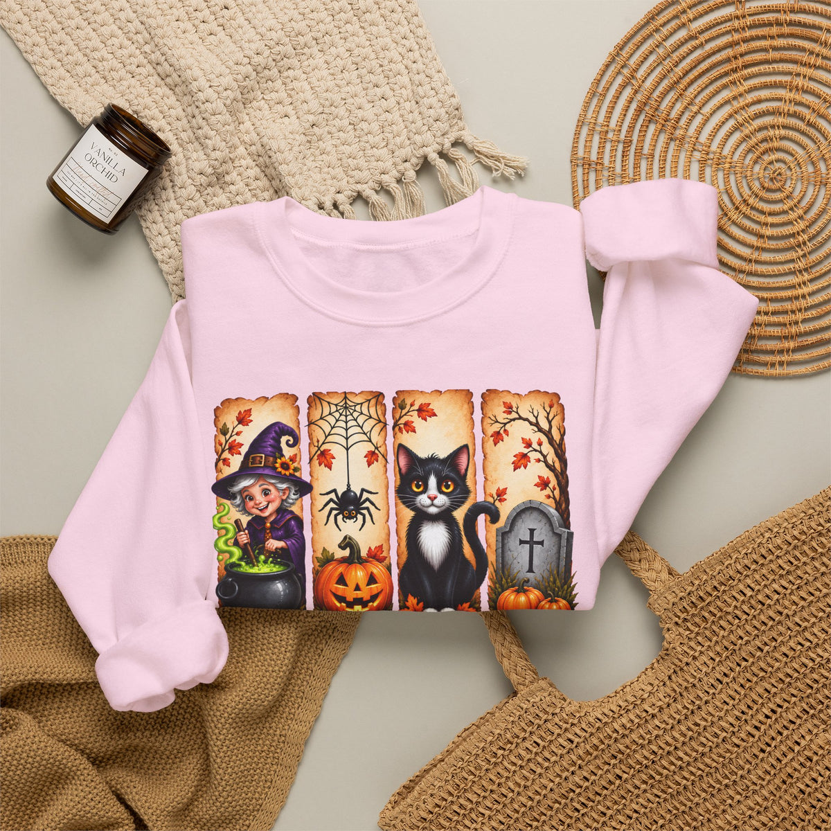Midnight Harvest Halloween Sweatshirt, Witch, Black Cat, Pumpkins & Spooky Fall Crewneck - 14514