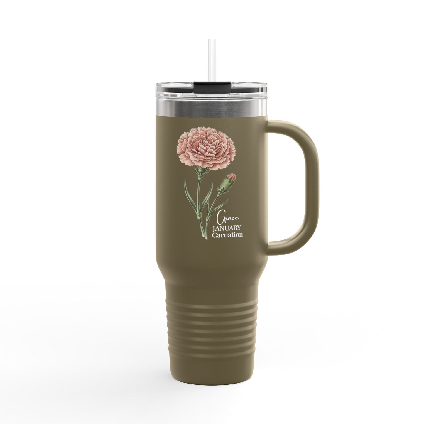 Carnation Floral Tumbler (Expressive) – January Birth Flower Gift | 40oz Insulated Travel Mug, Customizable — 14691