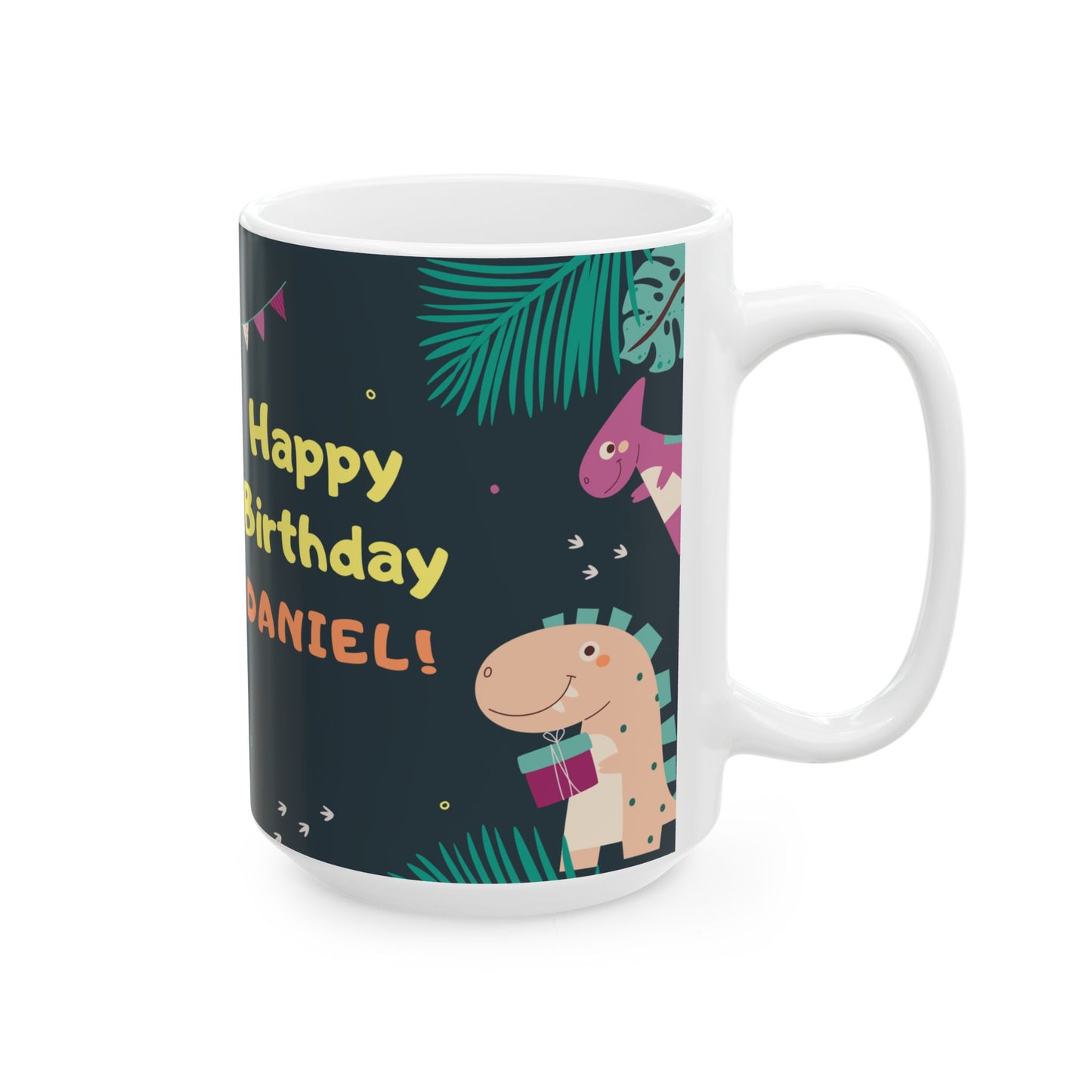 Happy Birthday, Dinosaur Lover, Photo & Name Customizable - Ceramic Mug, (11oz, 15oz) - 11238