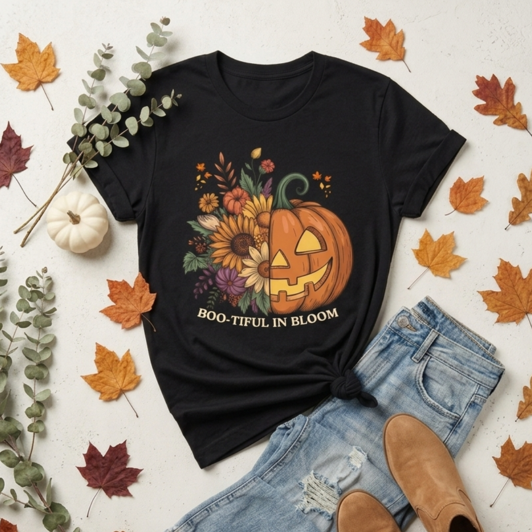 Boo-tiful in Bloom Halloween Pumpkin Floral T-Shirt — Fall Graphic Tee - 14925