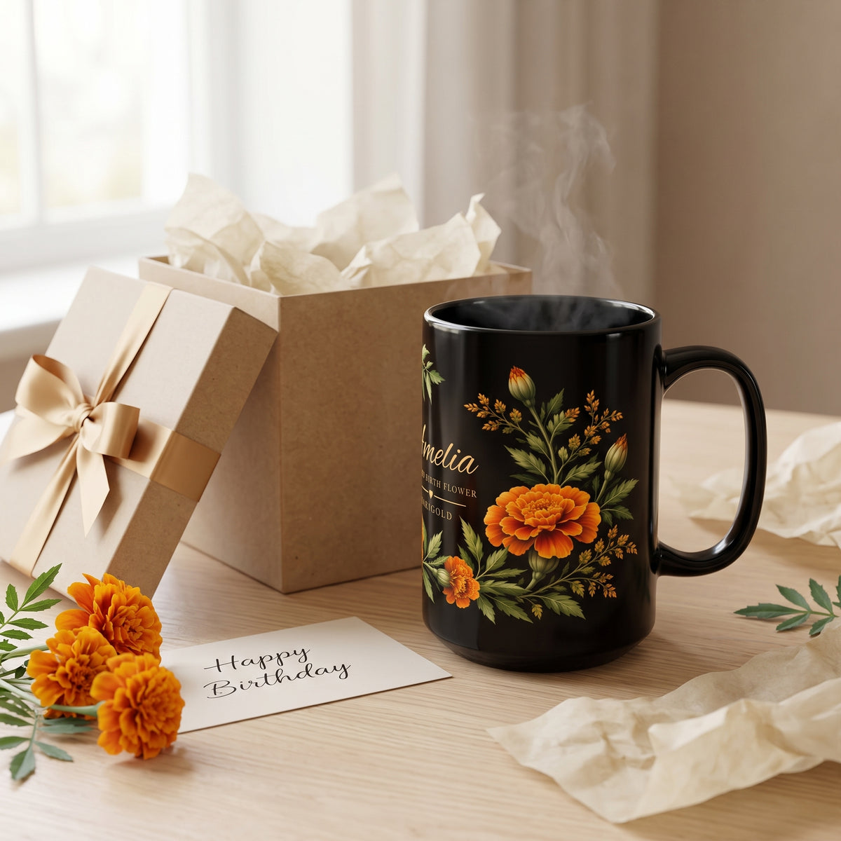 Personalized October Birth Flower Mug,  Marigold Black Coffee Cup, Custom Name 11oz/15oz - 14976